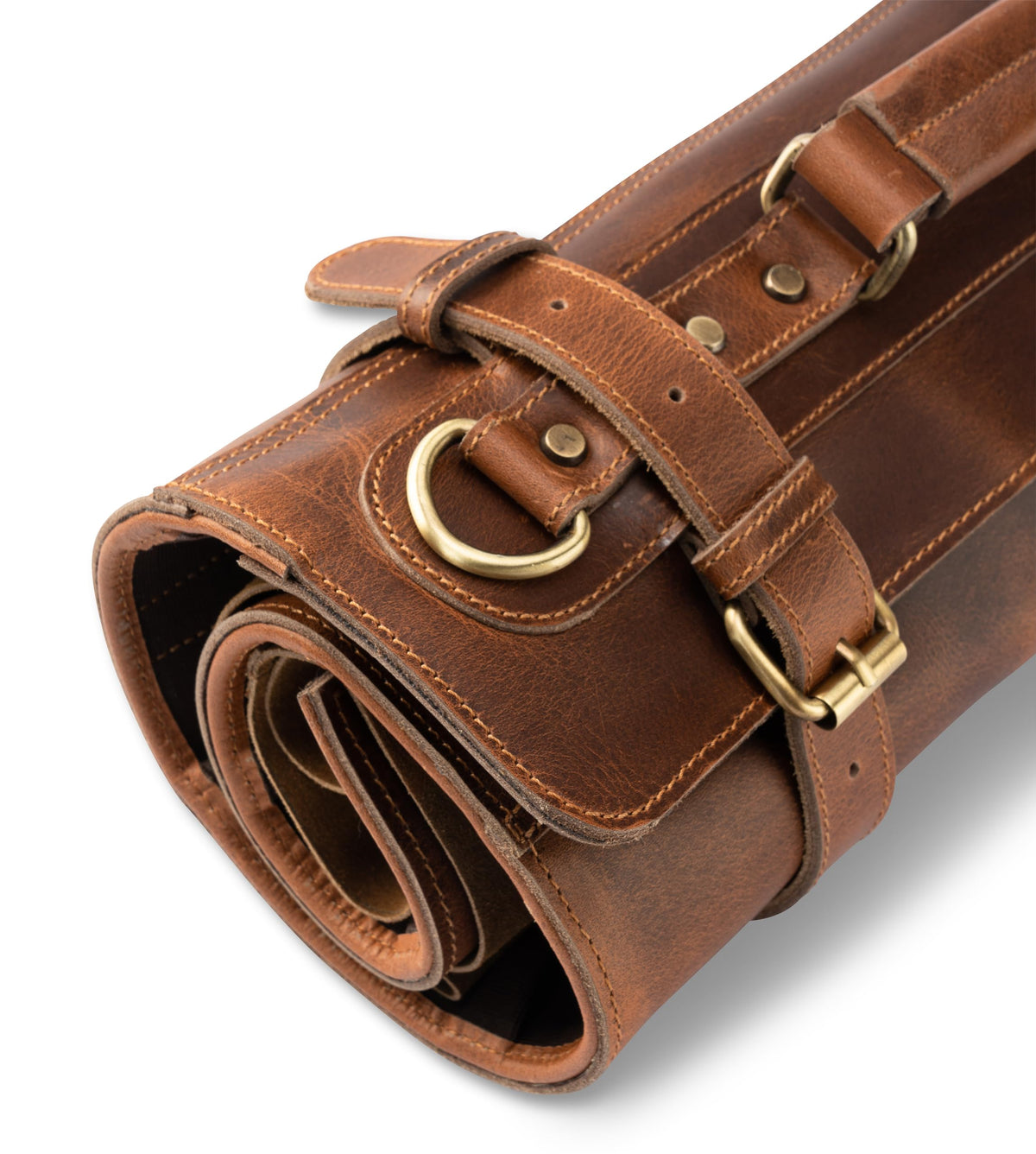 Angus Stoke premium leather knife roll storage bag XXL - 14 pockets, buffalo leather with shoulder strap, chef's knife bag case Rene (Walnut-Brown)