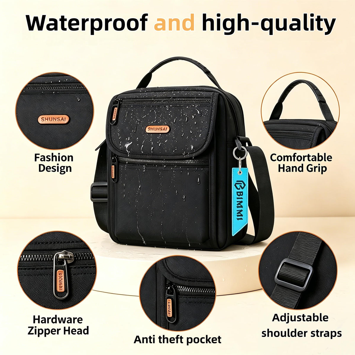 BIMMI Waterproof Messenger Bag for Men Casual Shoulder Crossbody Bag for Work and Travel - Small Handbag bags Man purse black