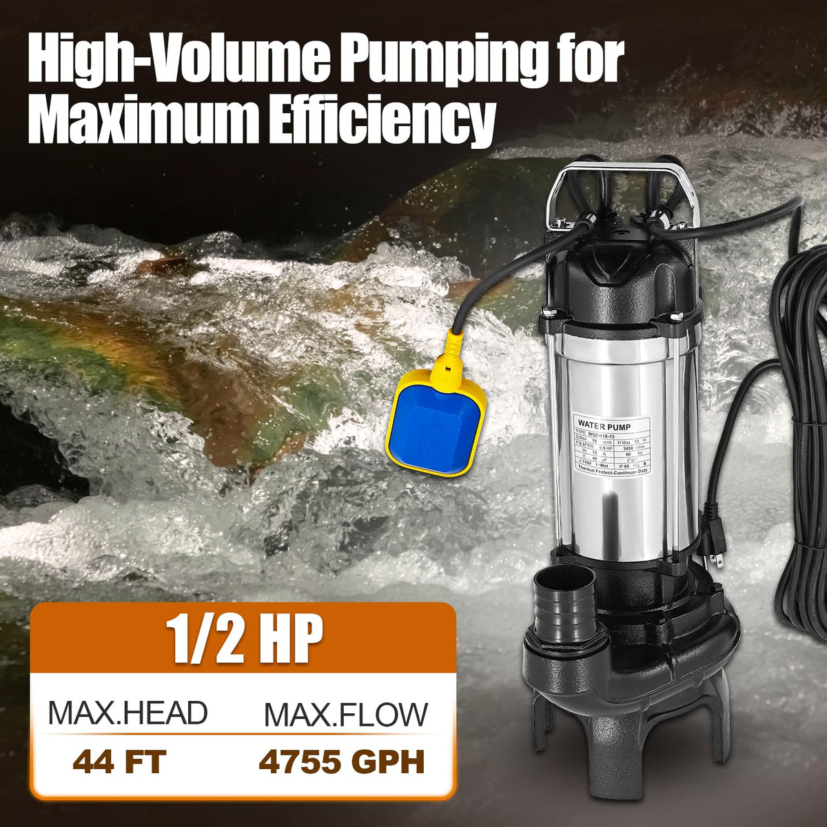 4PN 4755 GPH Submersible Water Pump With Float Switch Replacement for 4-PN 50PN2.4S Sump Pump, Cast Iron and Stainless Steel, 2" Discharge, H Max 44ft, 115V, 1/2 HP