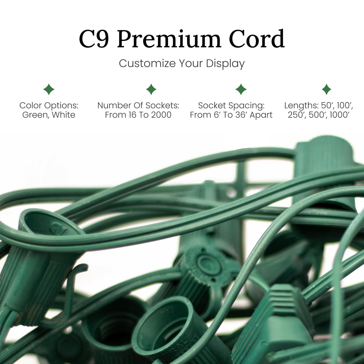 Christmas Designers Pro C9 Light Cord - 100 ft, 133 Bulb Sockets, 9in Spacing, Green Wire, Outdoor Holiday Decor