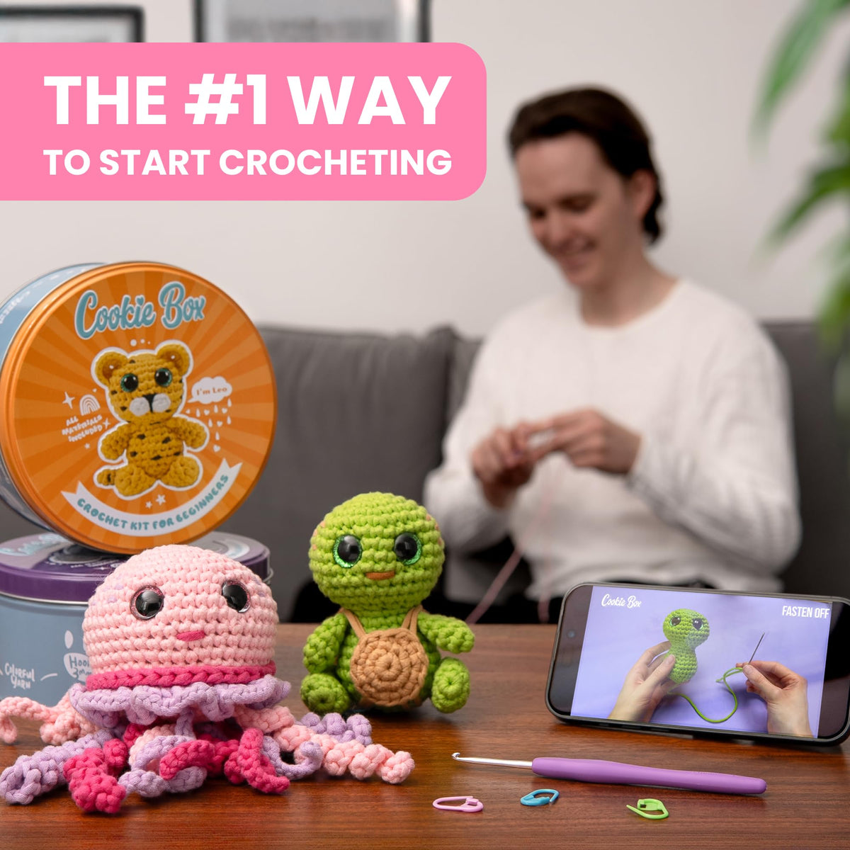 Cookie Box Original Crochet Kit for Beginners – Gift Set to Make Bunny Lola Amigurumi Plushie – Easy DIY Crochet & Knitting Starter Kit with Video and PDF Tutorials