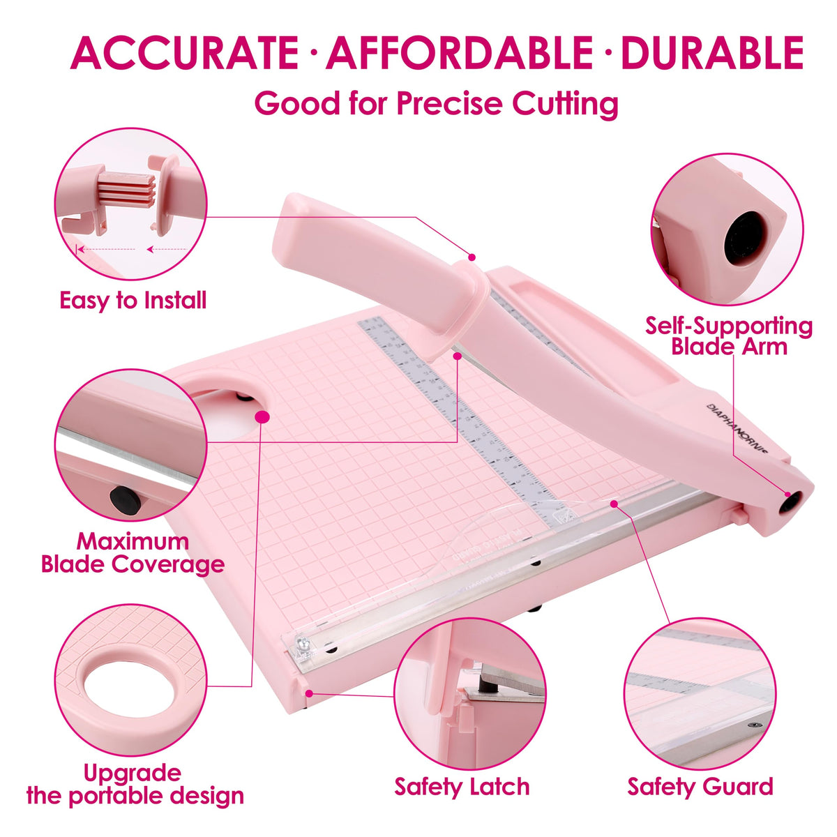 12" Paper Cutter, Precision Cut with Safety Protection and Blade Lock, 12 Sheet Capacity, Great for Cardstock, Cardboard, Photo, Vinyl, Crafts, Scrapbook (Pink)