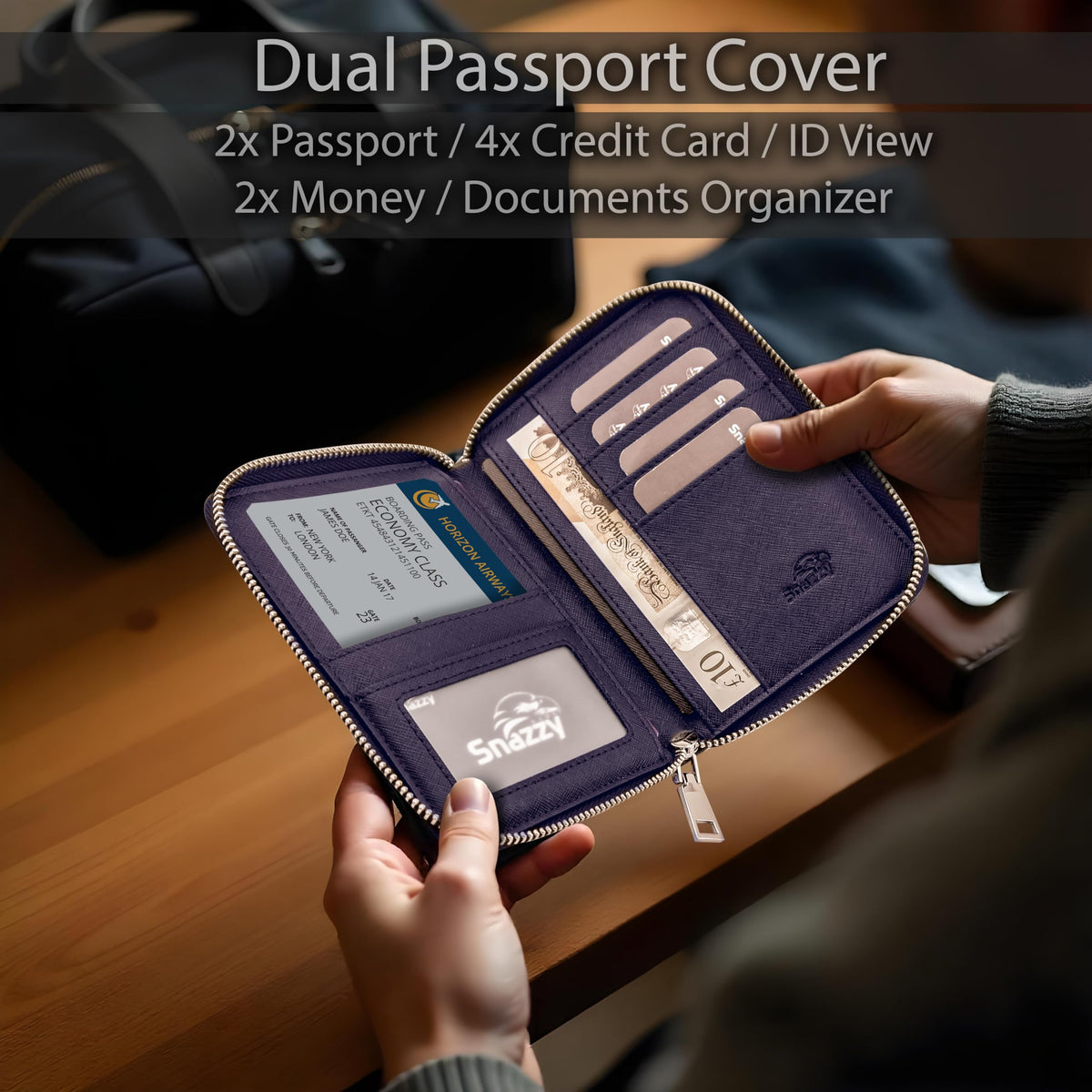 Snazzy Hawk RFID Travel Wallet Passport Holder w/Zipper - Organizer Bag for Travel Documents – Safety Essentials Cover for Men Women