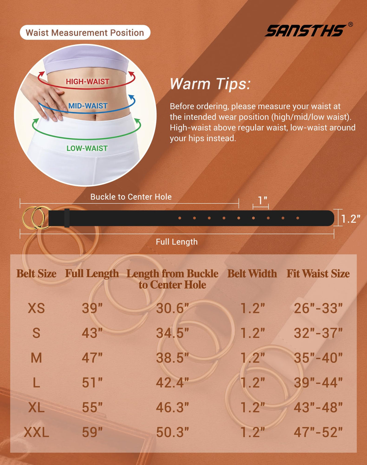 SANSTHS 3 Pack Women Waist Belts for Jeans Pants Dresses, Ladies Belt with Double O-Ring Gold Buckle, Black+Brown+Beige M