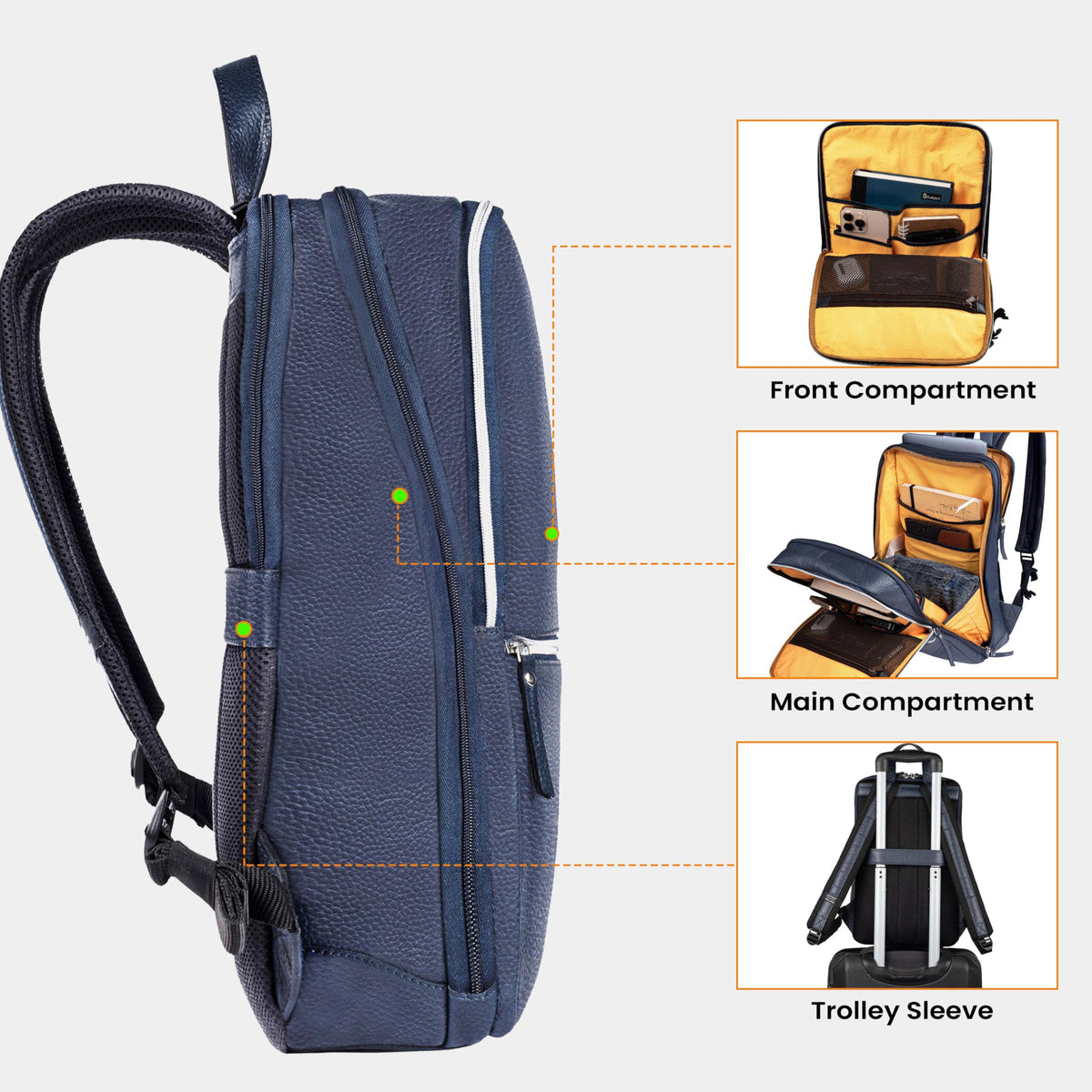 LEATHER VILLAGE Leather Laptop Backpack for Men | Blue | Slim Professional Business Bag Fits 15.6”-Laptop | Water-Repellent Work & Travel Daypack with Trolley Strap