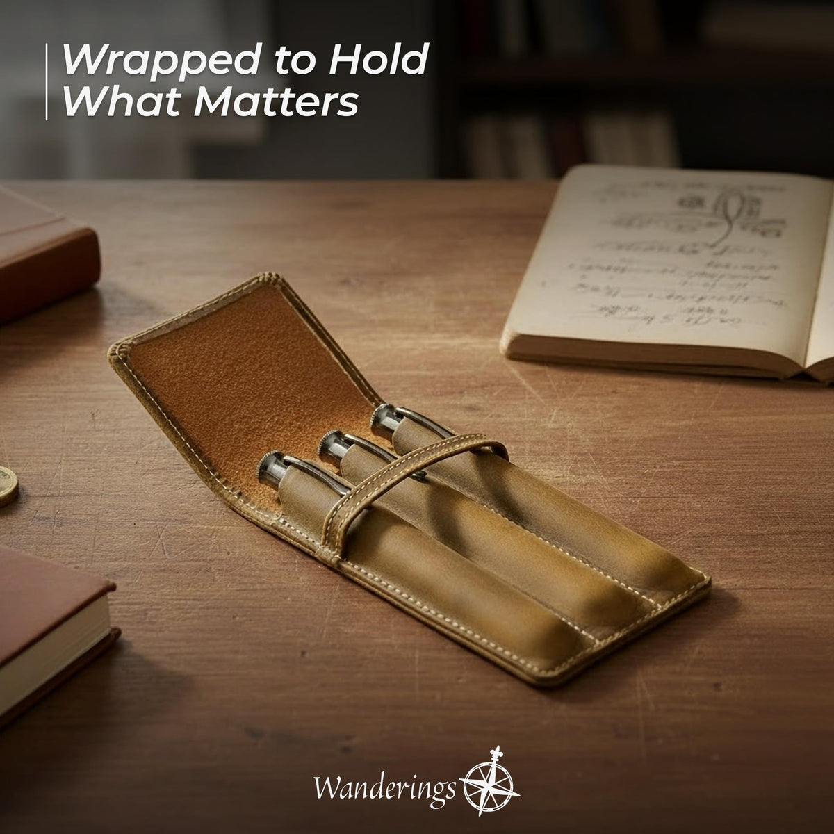 WANDERINGS Vintage Leather 3-Slot Pen Pouch – Handcrafted Brown Pen Case – Individual Leather Pen Sleeves for Fountain Pens, Rollers & Ballpoints – Pen Holder for Men and Women – 3.4" x 6" x 0.8"