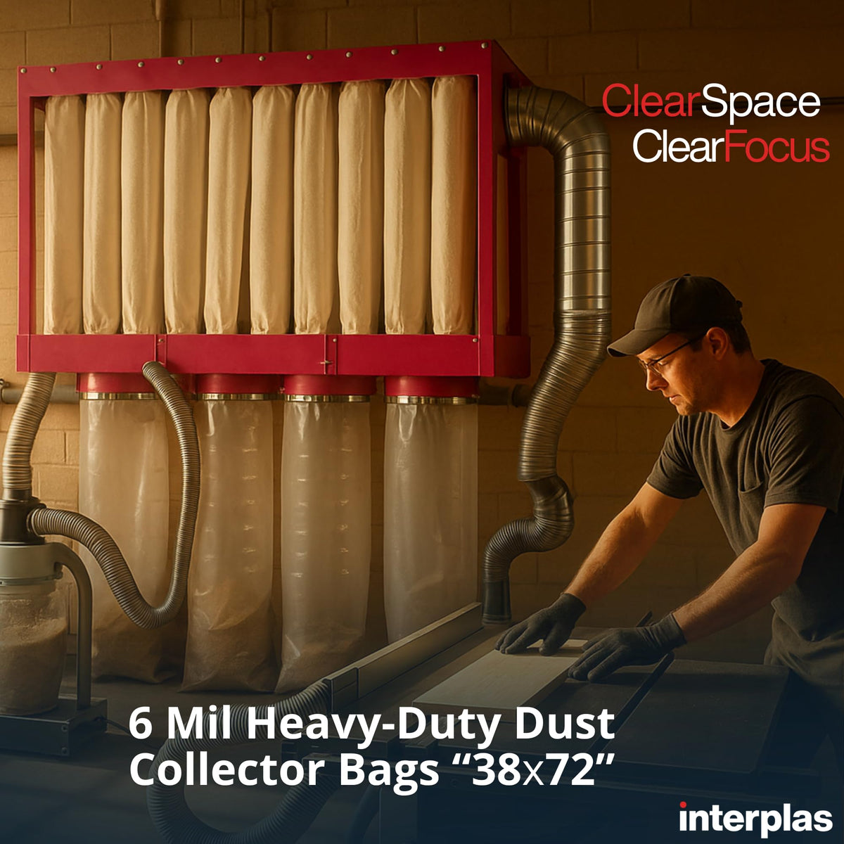 Interplas Dust Collector Bags – 6 Mil Heavy-Duty Clear Plastic Bags 38" x 72" (45 Count) for Dust Collection Systems – Tear-Resistant, High-capacity industrial dust removal