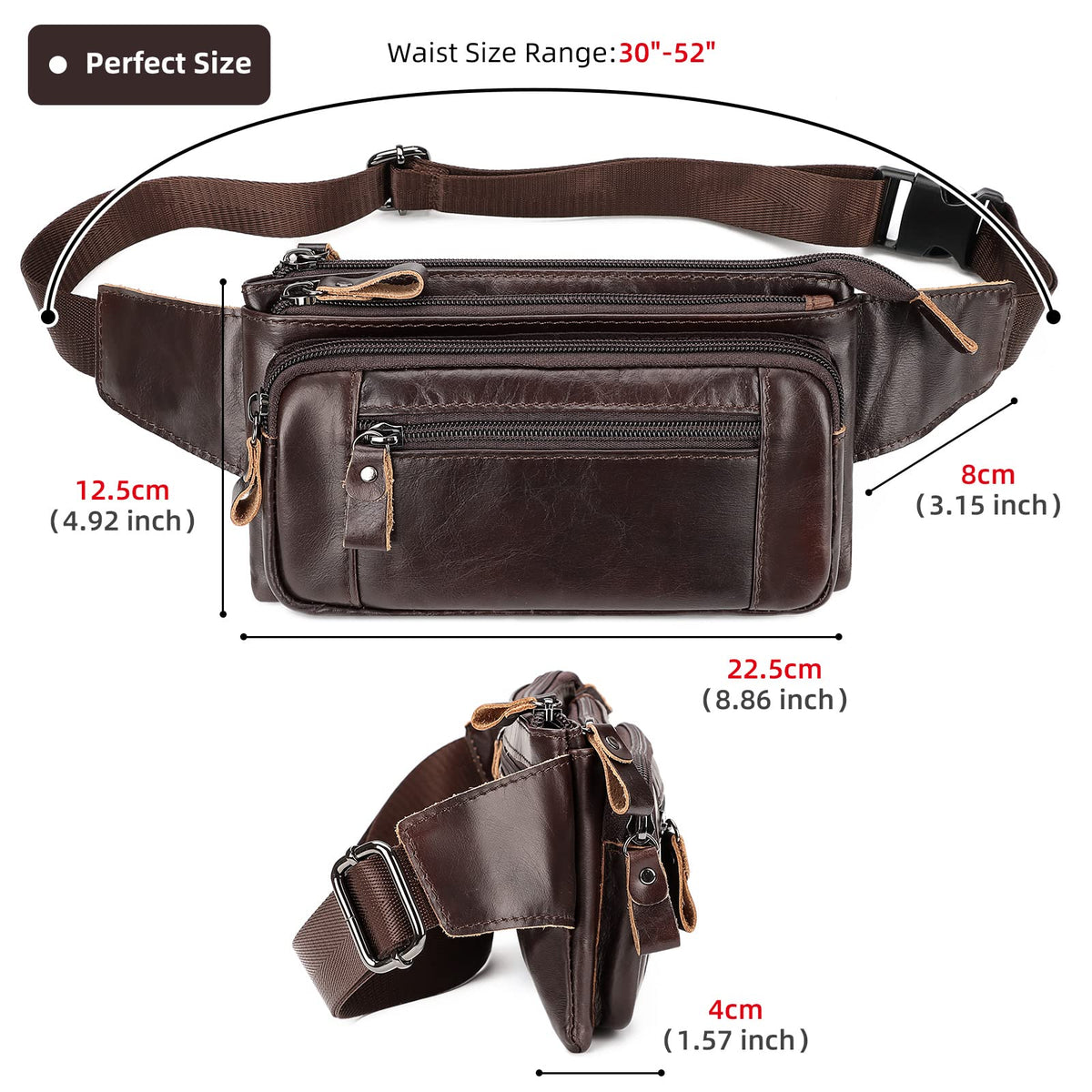 HUMERPAUL Leather Fanny Pack for Men Women, Fashion Waist Packs Small Crossbody Chest Bag with Adjustable Belt for Outdoor Travel Hiking Cycling