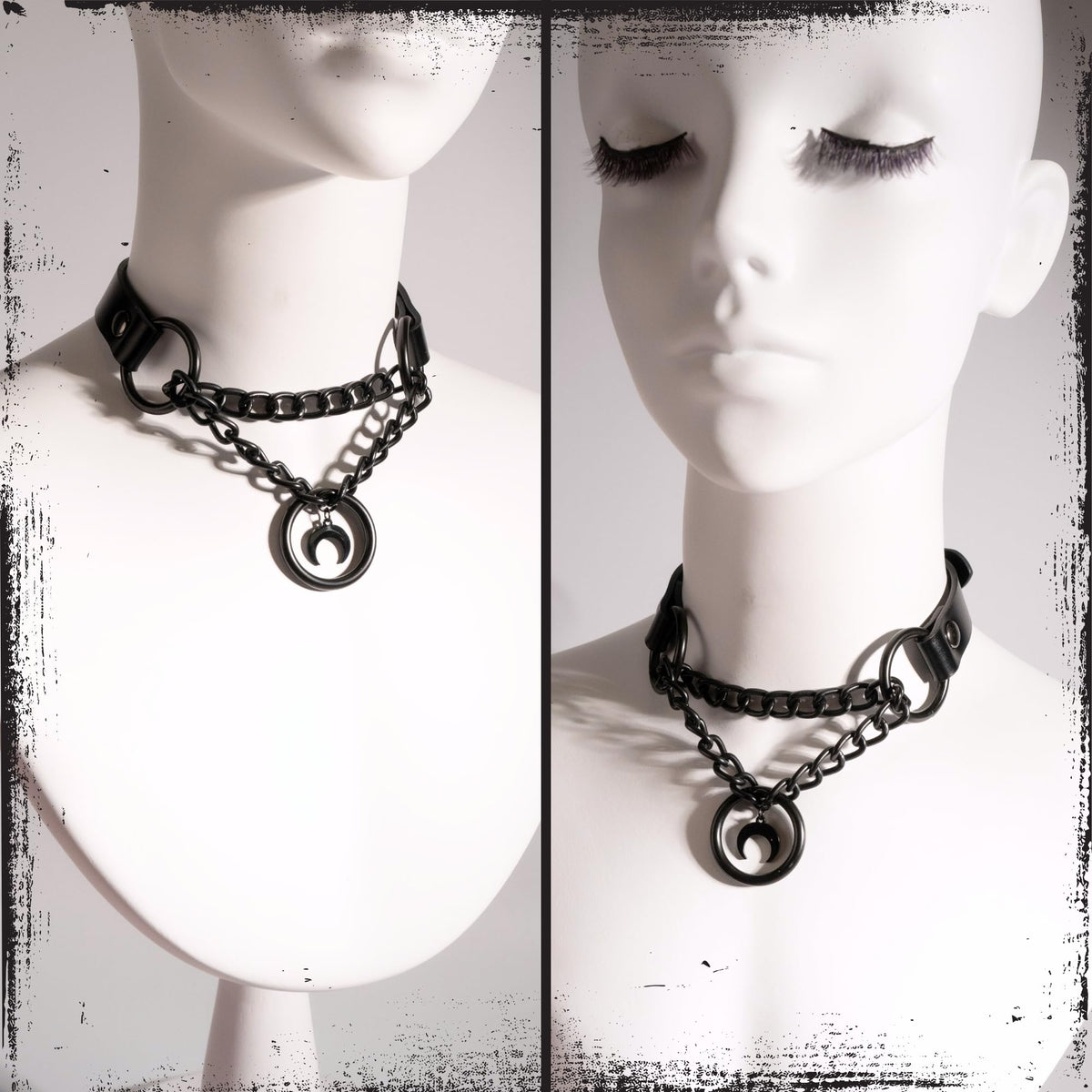 ADEMISHIA Black Gothic Chain Choker with O-ring and Moon Pendant, Punk Grunge Emo Leather Necklace For Women