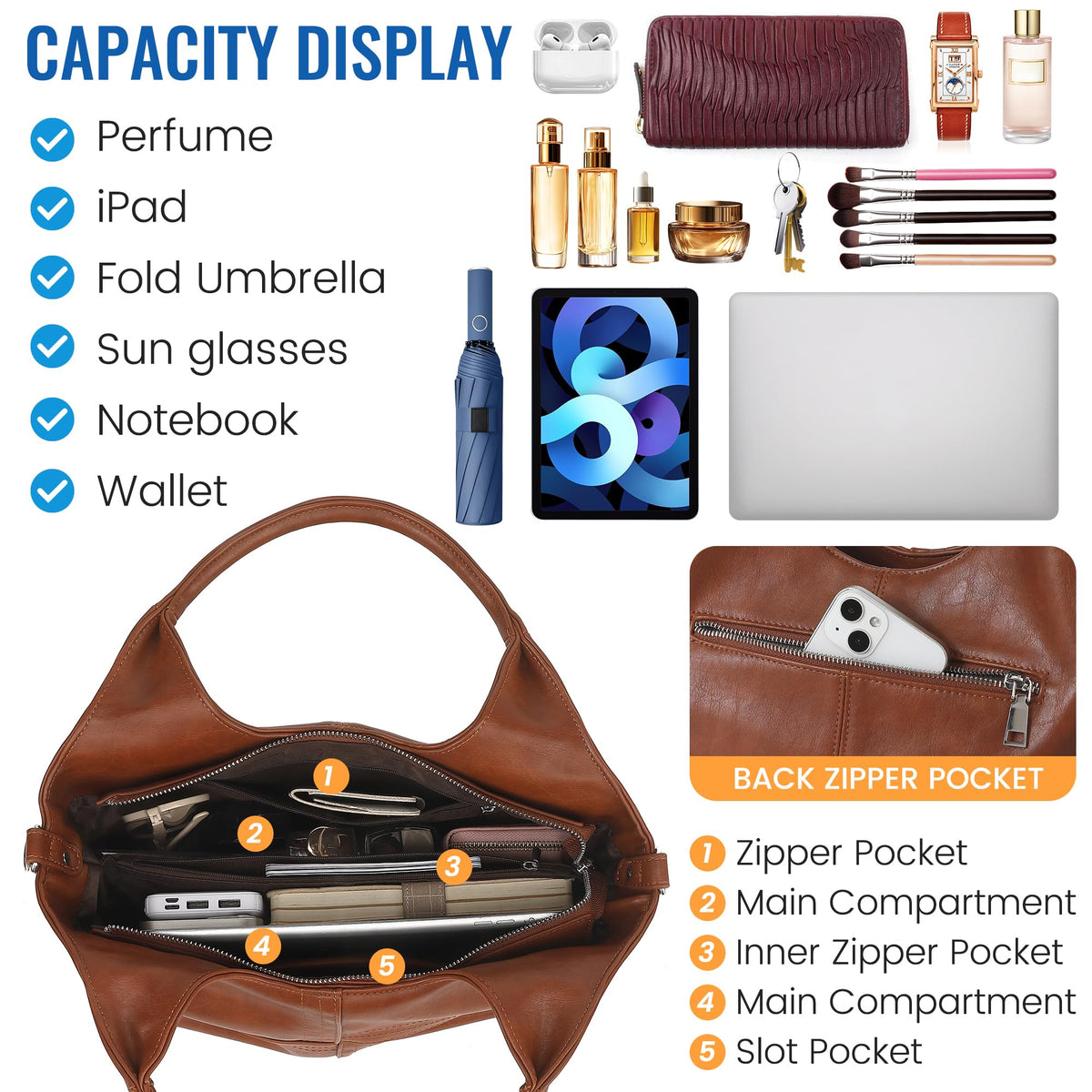 KOGTLA Vegan Leather Purses for Women with Detachable Satchel Strap, Ladies Handbags, Tote Hobo Bags with Top Handle Brown