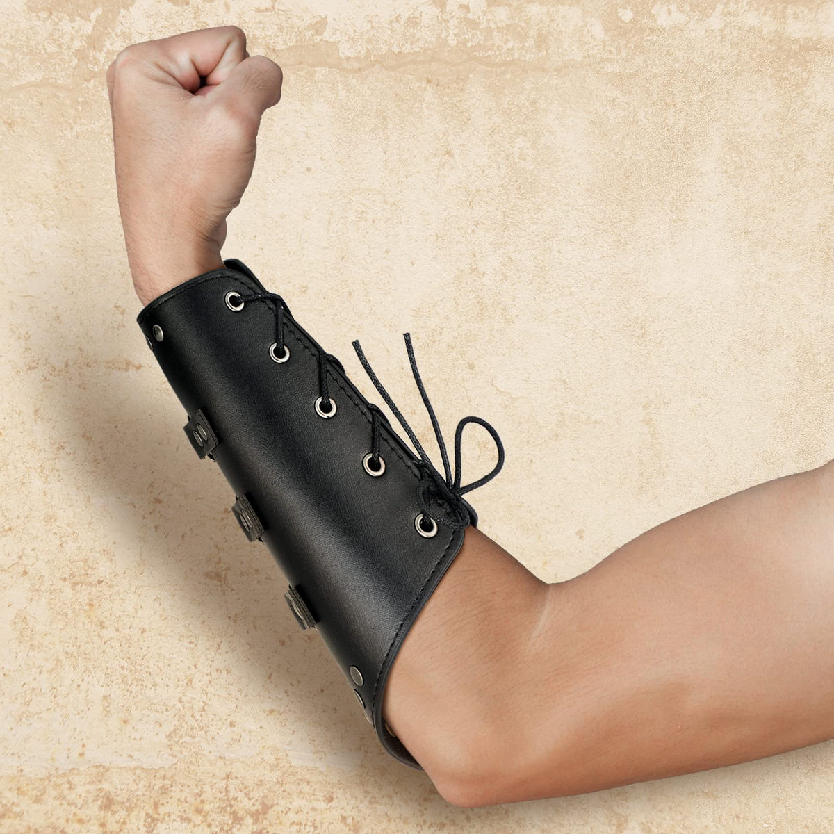 Patelai 1 Pair Faux Leather Arm Guards Arm Bracers Leather Gauntlet Medieval Viking Cosplay Accessories for Men Women(Black,One Size)