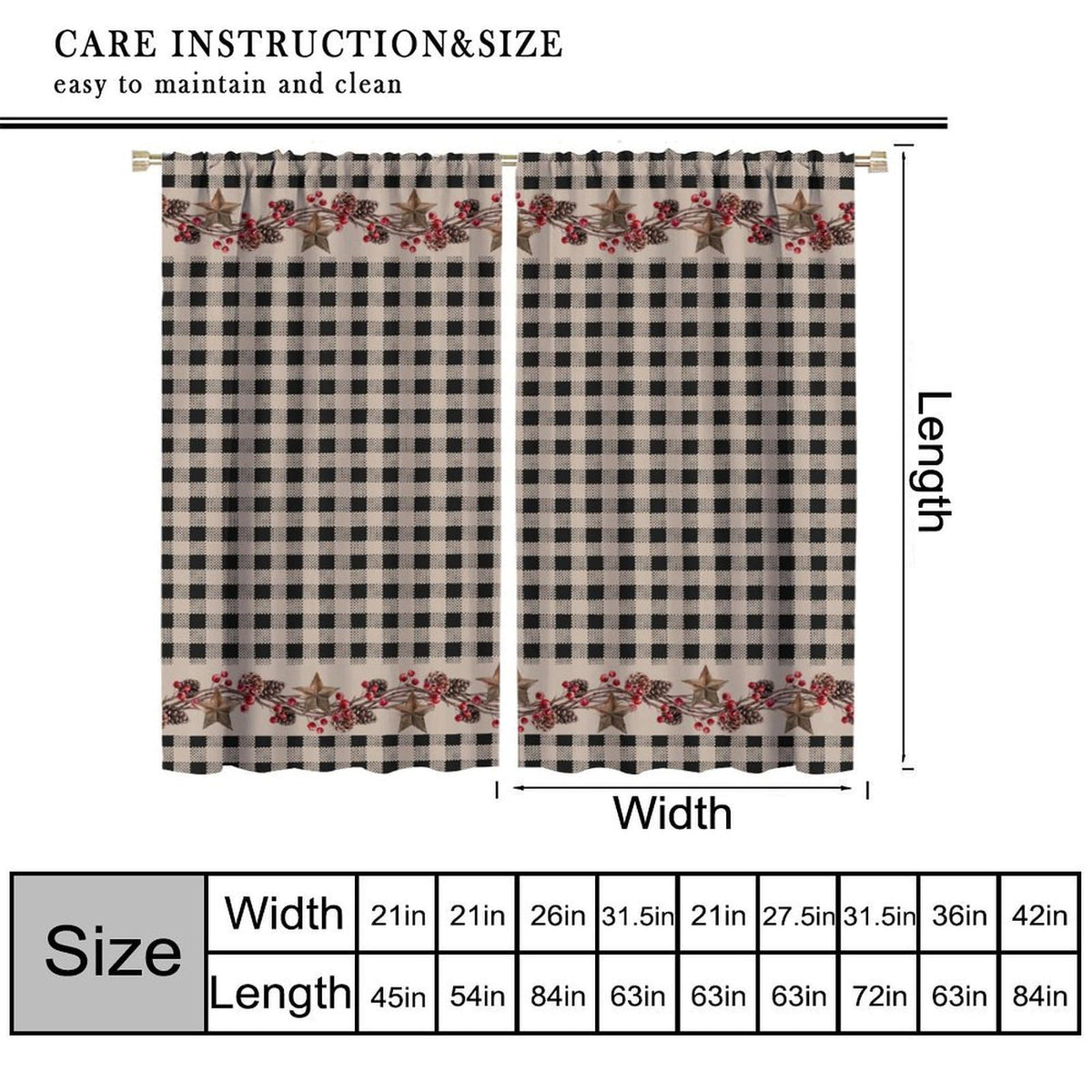Nanacur Rustic Farmhouse Curtains, Vintage Country Black White Buffalo Plaid Pine Cone Berry Western Texas Print Window Treatments for Kitchen Bedroom Cafe, 42" W X 45" L