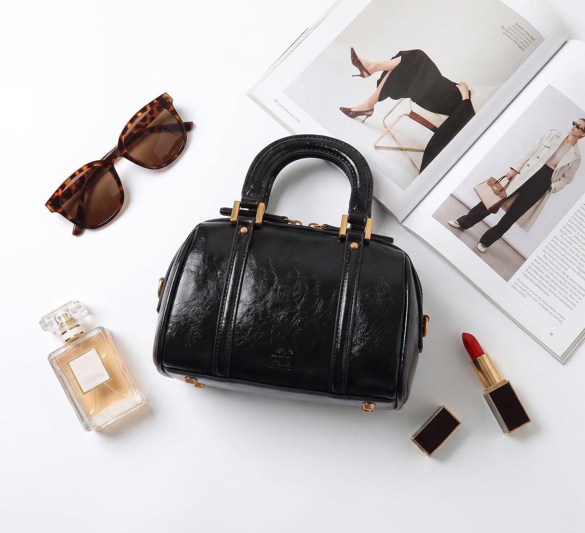 Women's handbag Boston bucket bag single shoulder top handle bag Fashion designer crossbody bag crossbody bag (black)