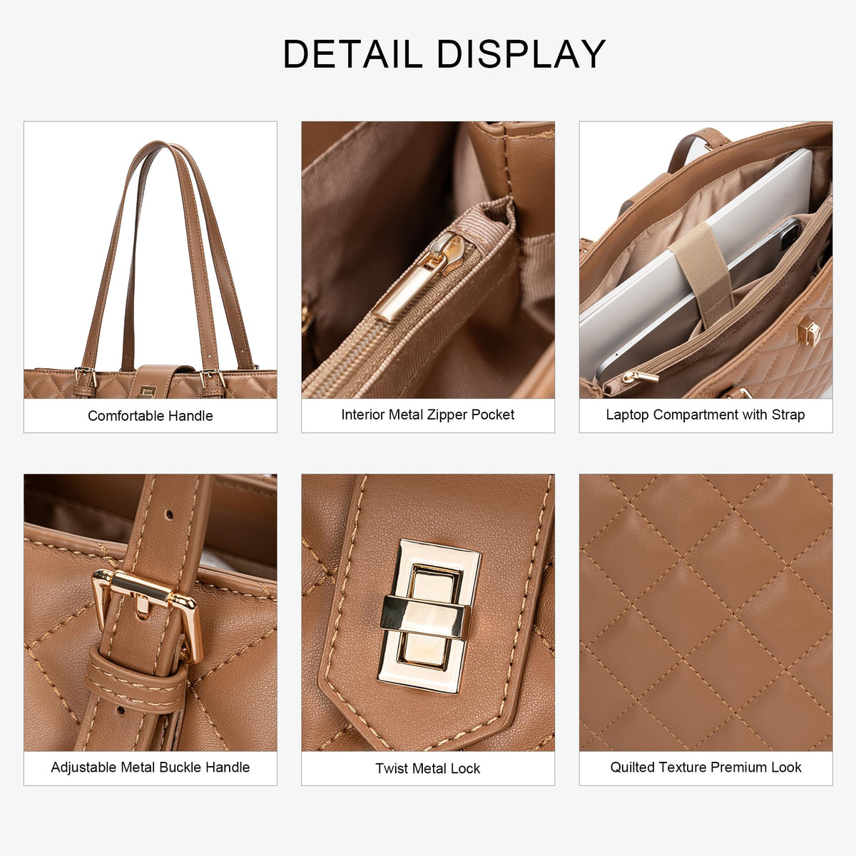 BAGOK Quilted Laptop Tote Bag for Women, Large Capacity Work Tote with Laptop Compartment & Multi Pockets, Fits 13-14" Laptop, Nurse & Teacher Work Bag for Office, Business & Daily Use（Brown）
