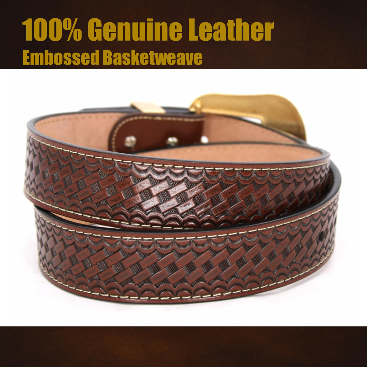 West Star Texas Cowboy Belt for Men - Genuine Leather Western Belt with Engraved Buckle, Country Rodeo Style (Coffee Basketweave, M)