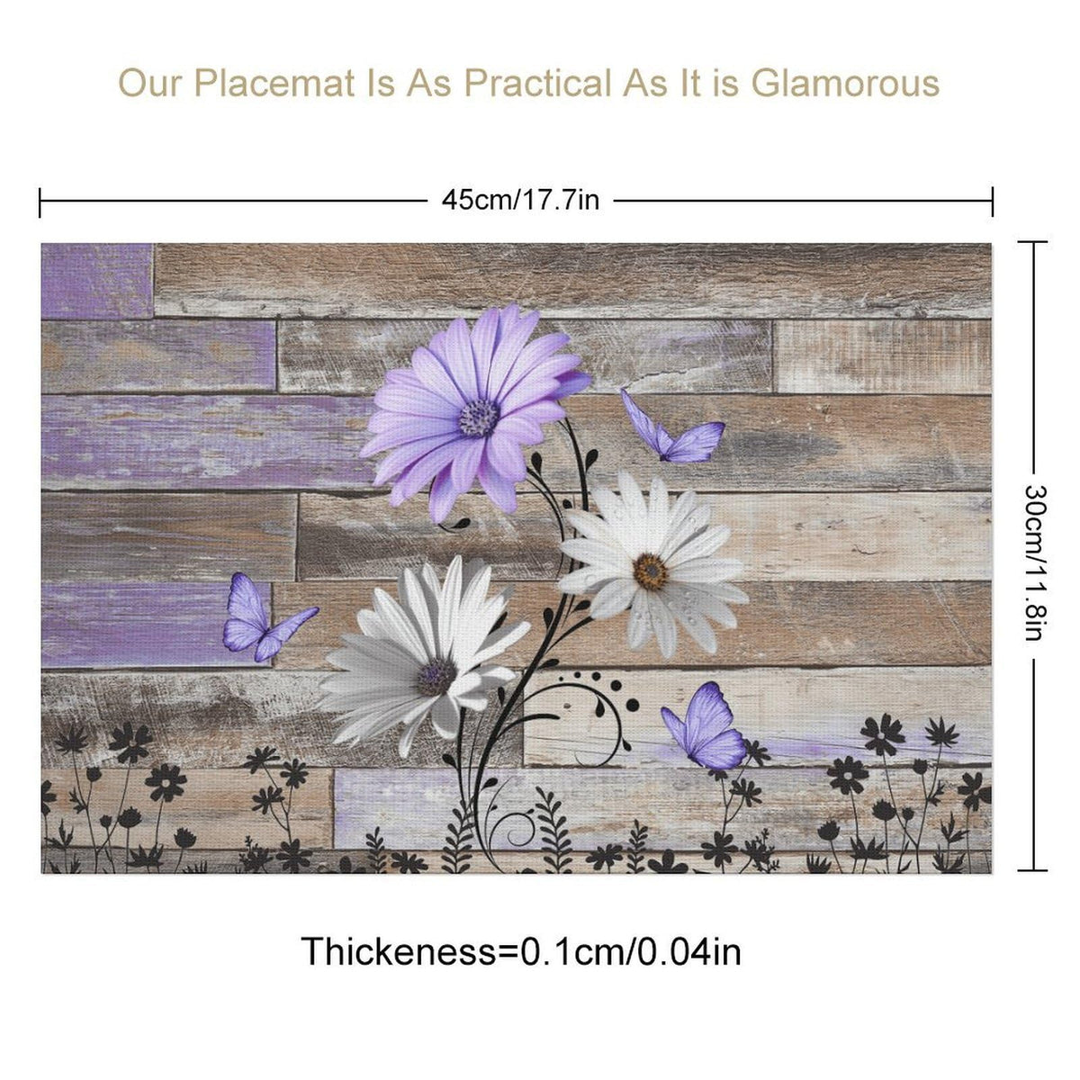 Daisy Placemats Set of 4, 12x18 Inch Farmhouse Daisy Floral Purple Butterfly Retro Wooden Plank Seasonal Spring Summer Holiday Farmhouse Coffee Table Mats for Party Kitchen Dining Decoration