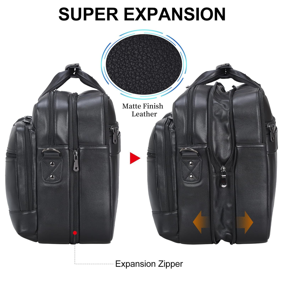 Masa Kawa Black Leather Briefcase Messenger Bag Men Expandable 17 Inch Laptop Business Travel Duffel Crossbody Shoulder Weekender Overnight Bags,Large