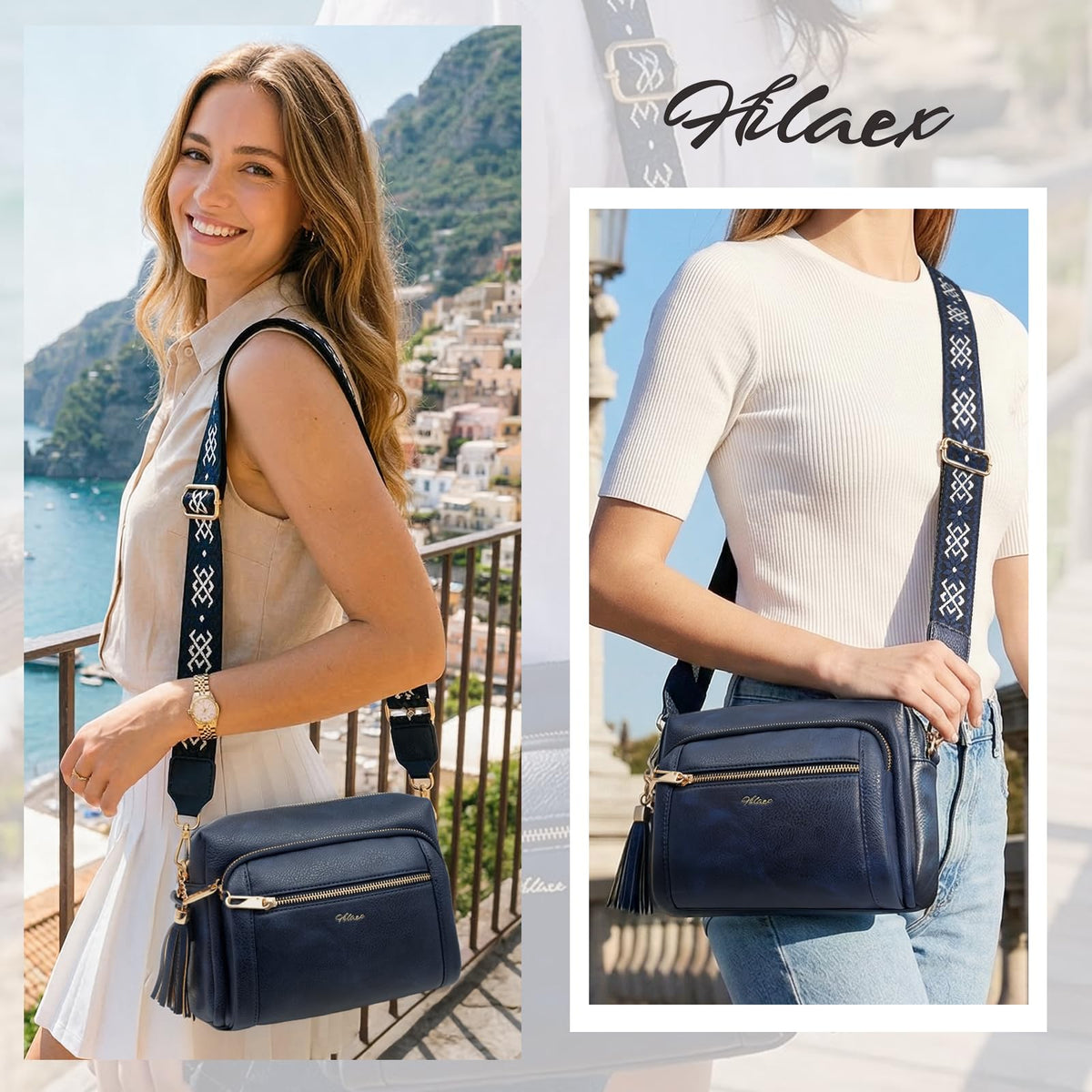 HILAEX Small Leather Crossbody Bags for Women Anti theft Purses and Handbag Shoulder Hangbag with Wide Strap Tassel Navy Blue