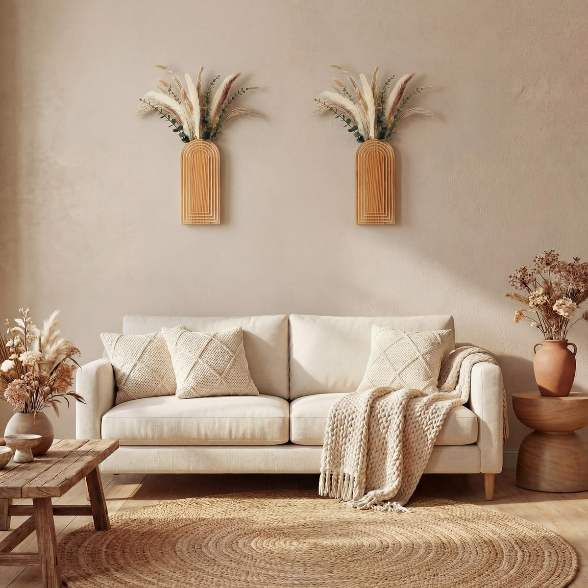LemonRoad Boho Wooden Wall Vases Set of 2 with Artificial Eucalyptus and Pampas Grass Dried Flower Rustic Hanging Wood Planter Vase Wall Mounted Farmhouse Bohemian Decor for Home Entryway Living Room