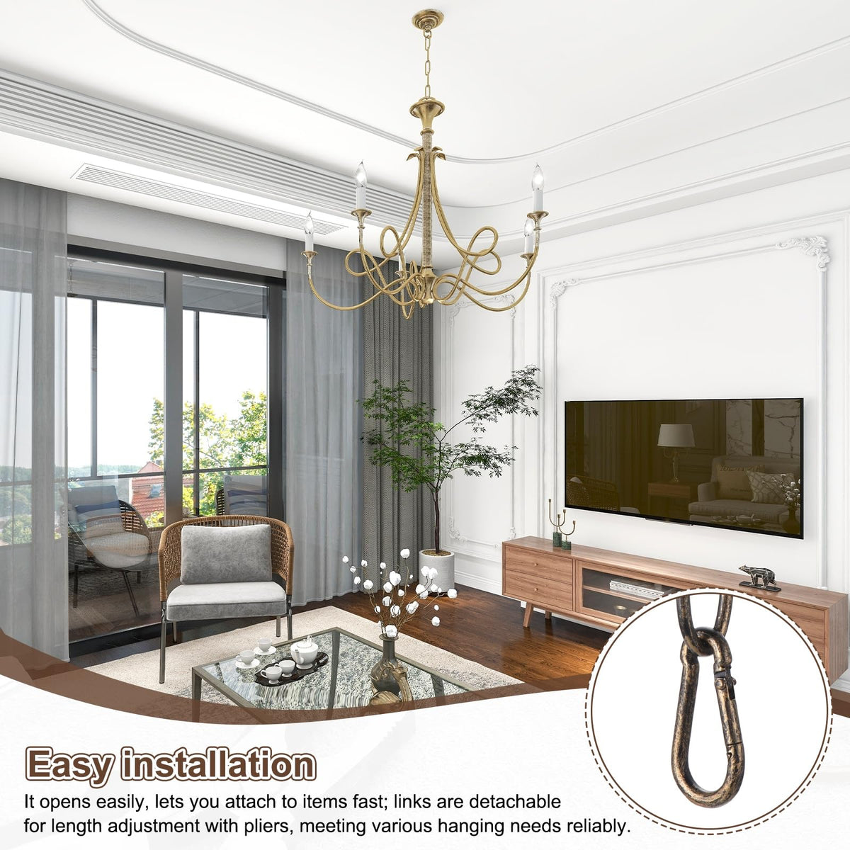 uxcell 7ft Lighting Hanging Chain, 2.8mm/0.11" Looping Metal Pendant Chandelier Chain Extension with 2 Spring Snap Hook for Hanging Plant Pendant Chandelier Light Fixture, Golden