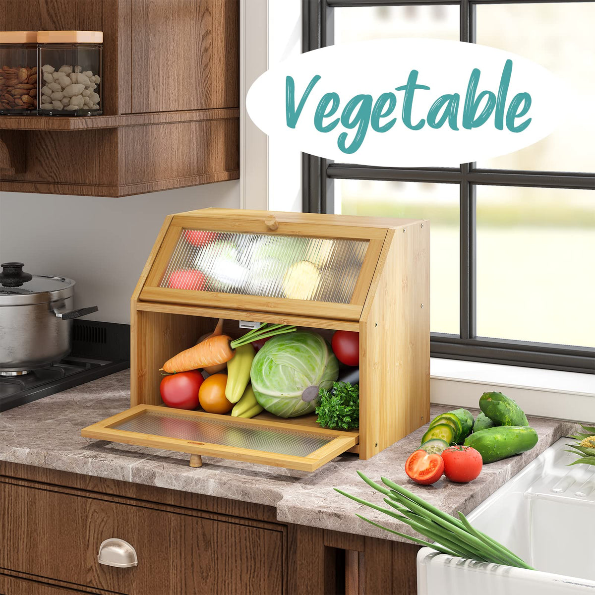 Vriccc Bread Box for Kitchen Counter, Large Bamboo Wood Double Layer Bread Box, Wooden Bread Storage Capacity