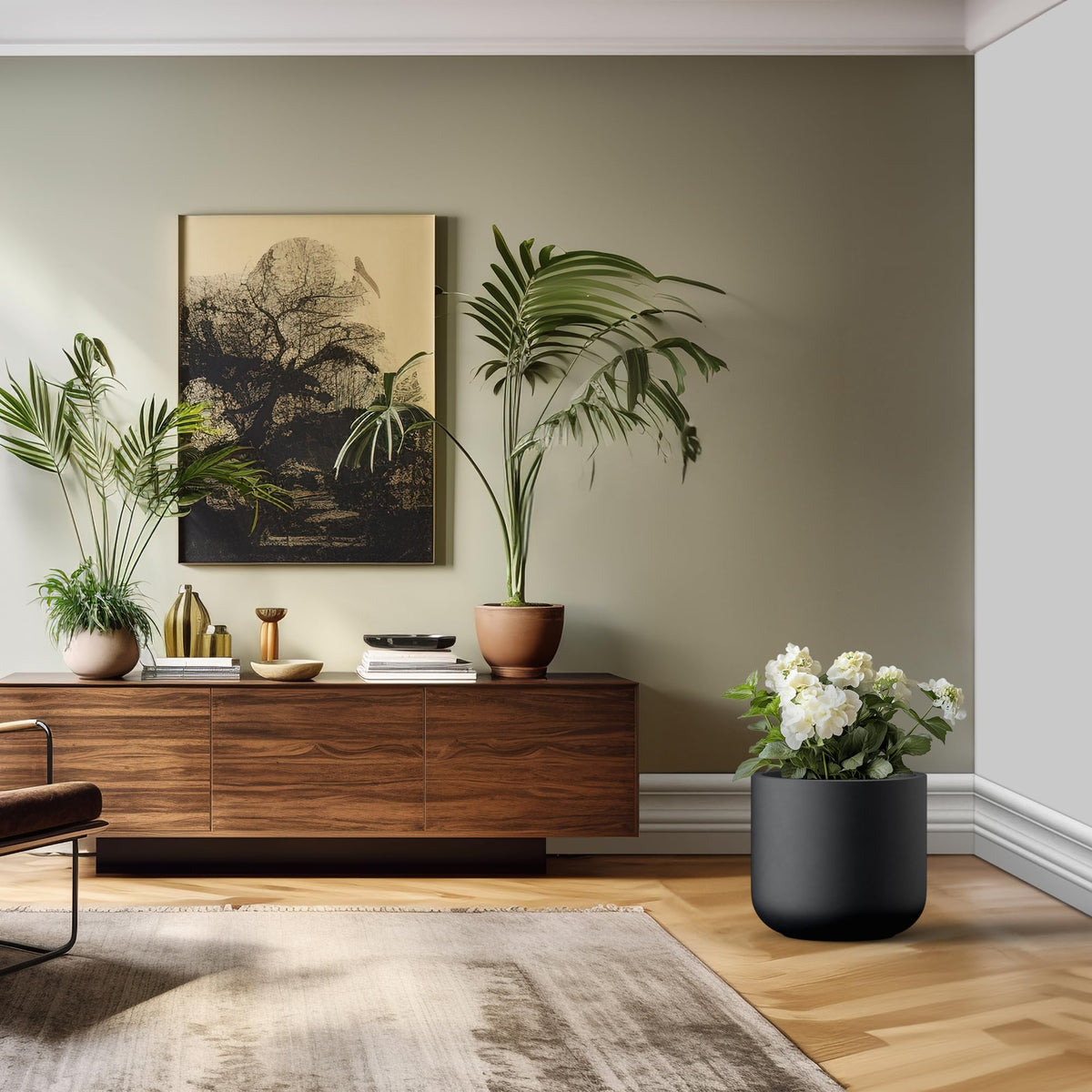 Kante Round Concrete Planter, 17.3 Inch Dia Classic-Style Large Pot with Drainage, Raven Black Finish with Painted Interior, for Indoor & Outdoor Plants, Home, Patio and Garden