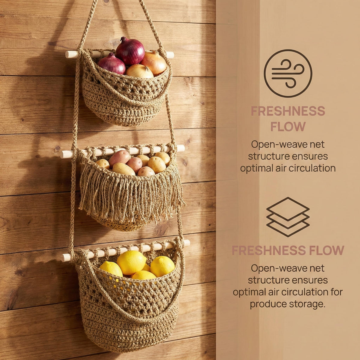 Cabilock 3 Tier Hanging Fruit Basket for Kitchen - Boho Macrame Woven Wall Storage for Onion and Potato, Space-Saving Cotton Rope Produce Organizer for Pantry & Bathroom