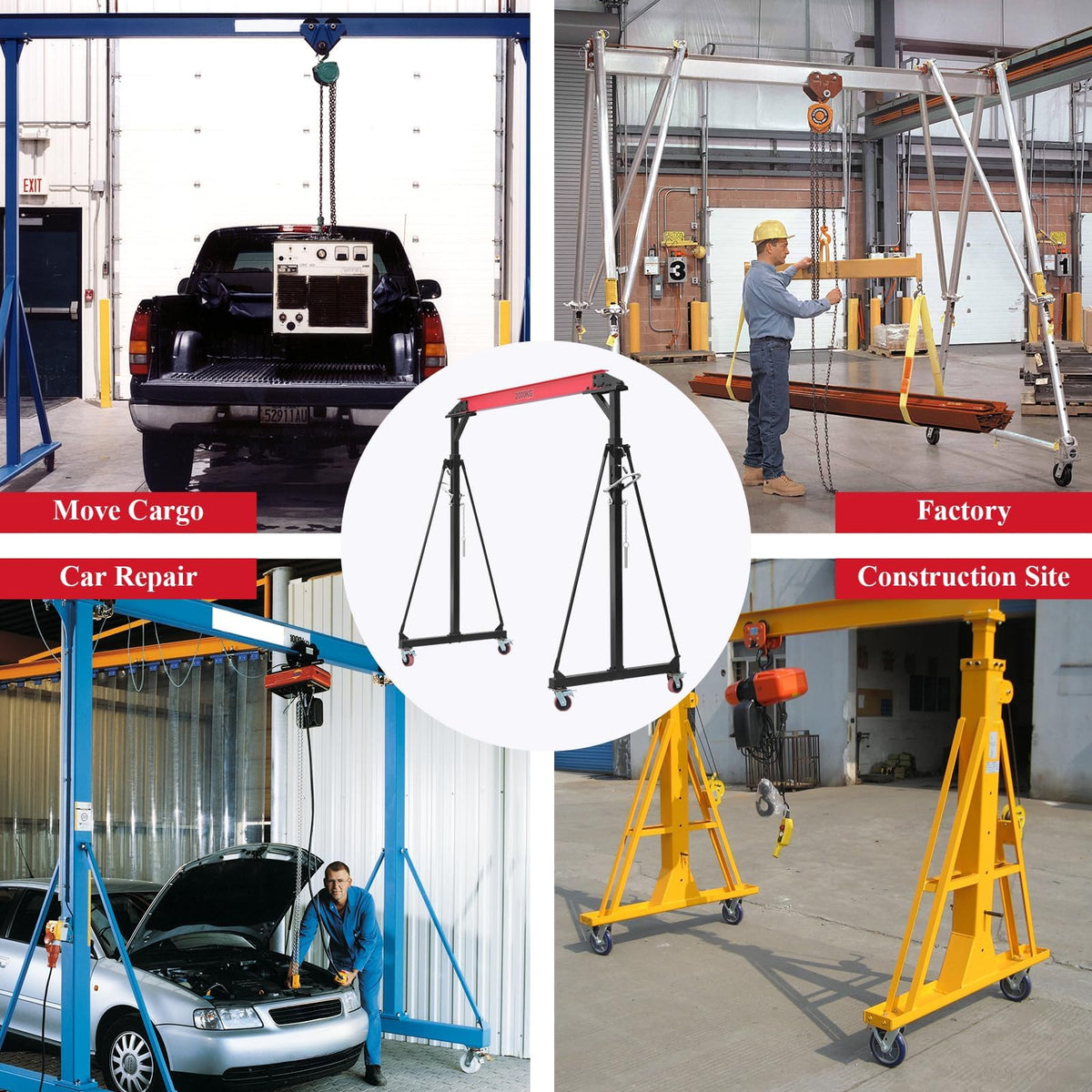 1 Ton Heavy-Duty Adjustable Gantry Crane, 2200 Lbs Capacity, 8.5Ft Span, 7.5Ft-12Ft Adjustable Height, Steel Hoist with Locking Wheels for Warehouse Workshop Garage