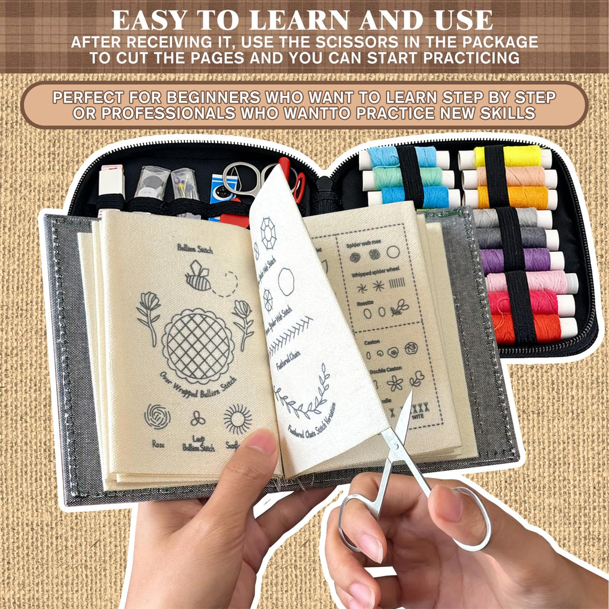 Pacify Embroidery Stitch Book Kit for Beginners, Portable Embroidery Stitch Book with Step-by-Step Guide, Sampler Patterns & Complete Tool Set for Adults Craft Lovers