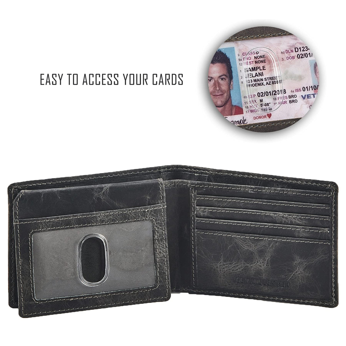 Wallet for Men Slim RFID Blocking Leather Bifold Minimalist 2 ID Windows Gift Box Carteras Para Hombres (DISTRESSED, ANTHRACITE)