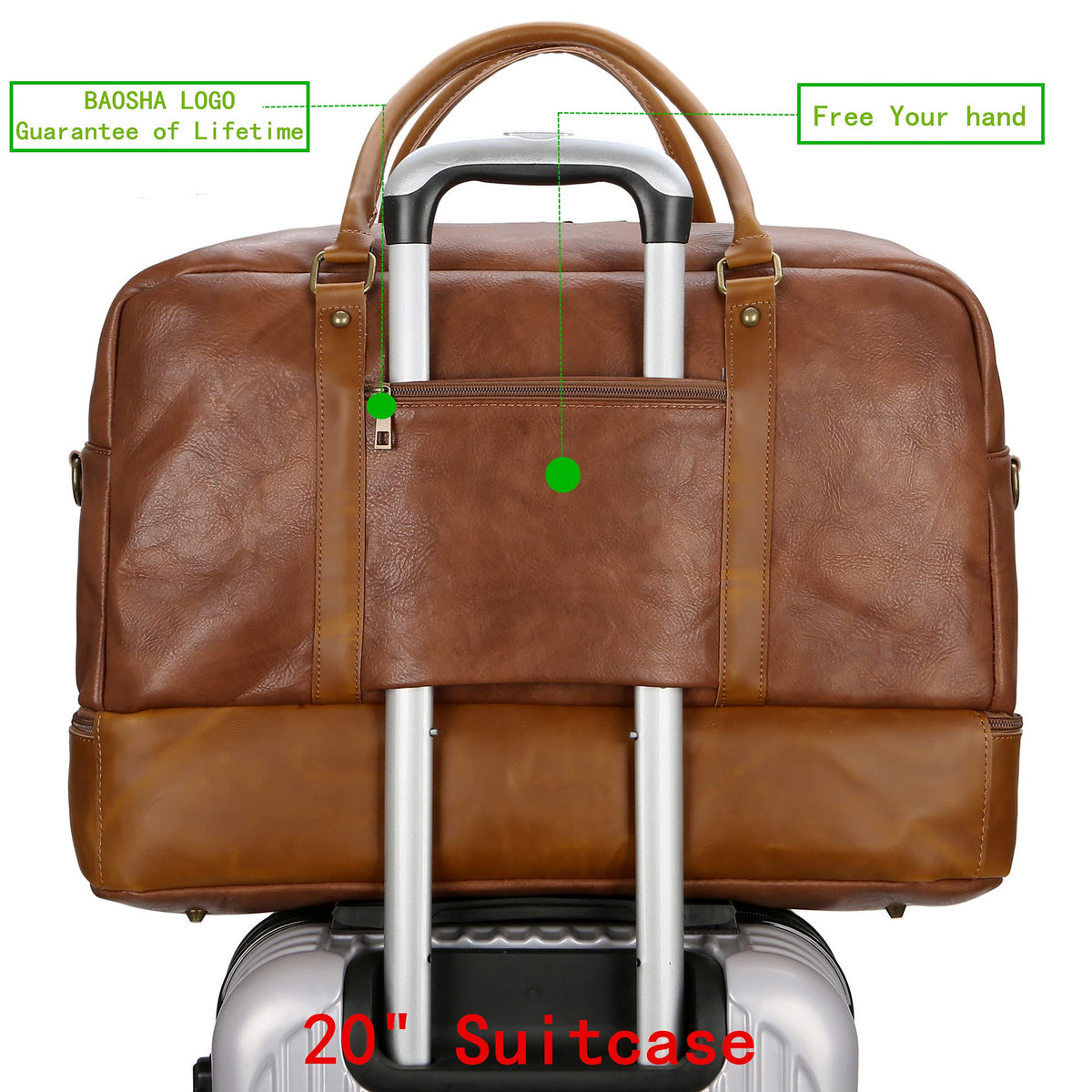 BAOSHA Vegan Leather Large Travel Duffel Tote Bag Carry On Weekender Overnight Bag With Shoe Compartment HB-38 (Brown)