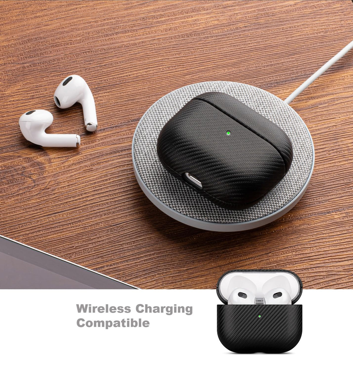 LOPIE Handmade Case for AirPods 3 (Released in 2021), Built-in Magnets for MagSafe Charging, Carbon Fiber Style Vegan Leather Case Cover for Gen 3 AirPods (Not for AirPod Pro 3rd Generation) - Black