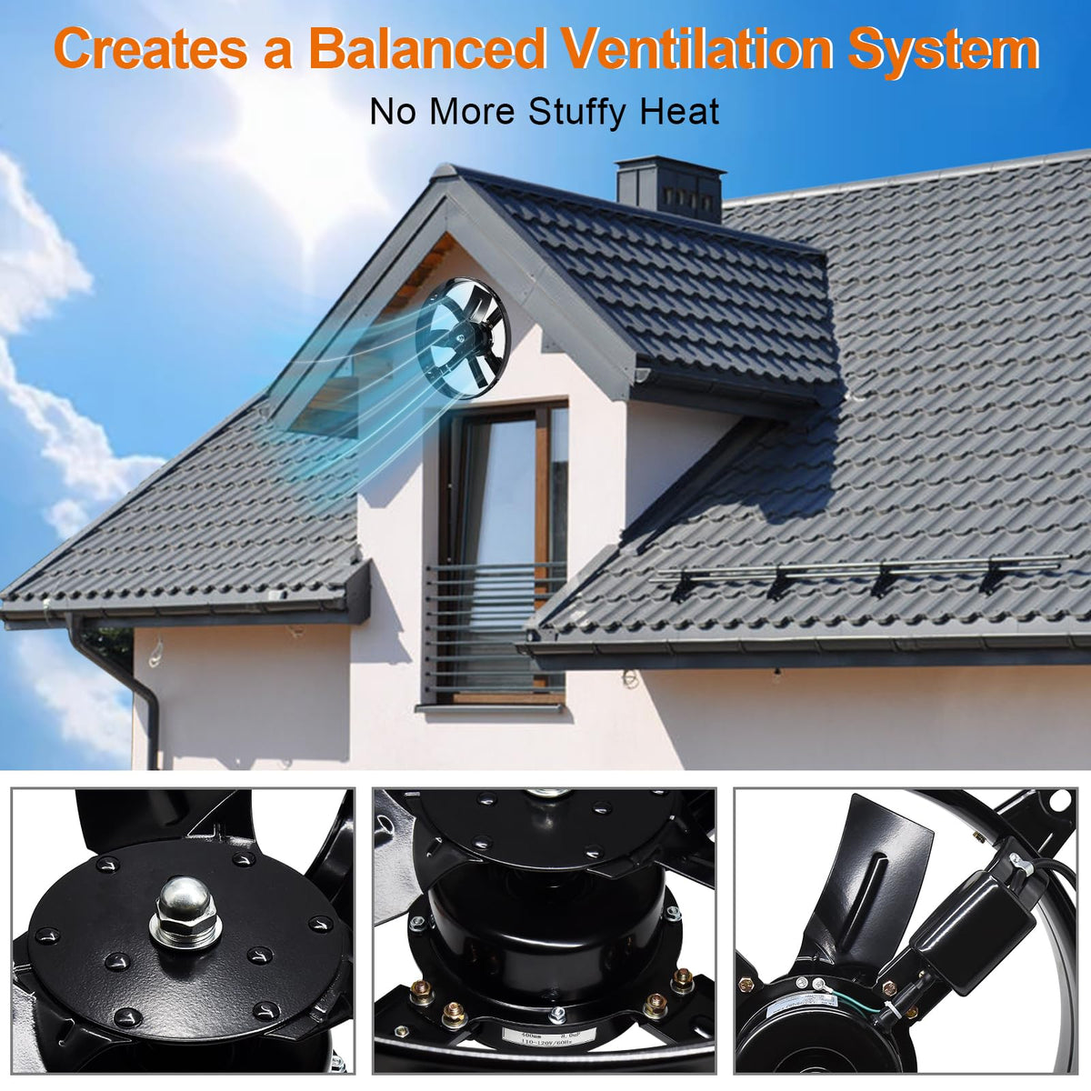 Hiorucet 20 Inch Wall Mounted Attic Gable Vent Fan with Adjustable Temperature Thermostat Control, 60HZ, 115V, 1080R/min, 148W, Gable Mount Vent Attic Fan with Pure Copper Motor, High Speed Low Noise