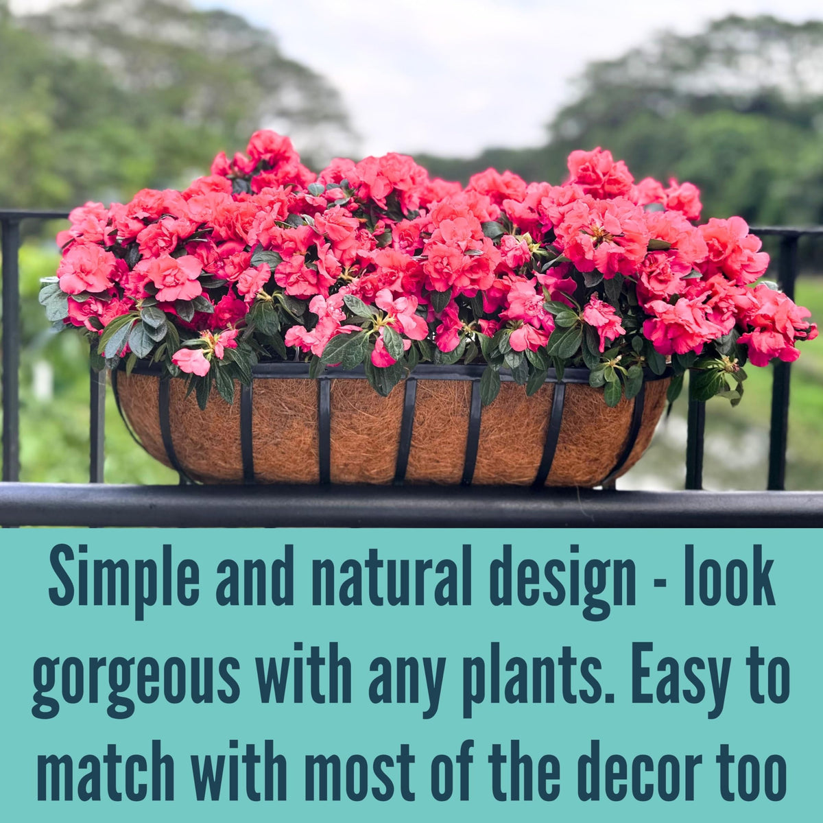 LaLaGreen Railing Planter Box (24 Inch, 4 Pack) Black Metal Rectangular Hanging Planters with Coco Liner, Flower Boxes Brackets for Deck Railings Outdoor Plants Over Rail Fence Balcony Patio Porch