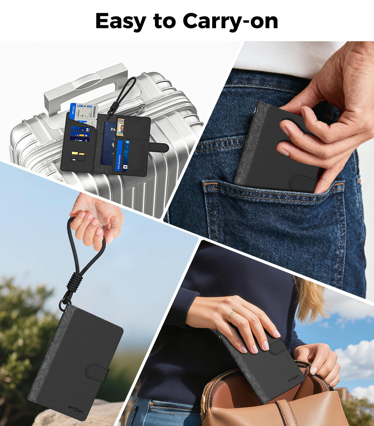 APTMAPT Smart Passport Holder Works with Apple Find My, Leather Travel Wallet with Wrist Strap & 2 SIM Card Slots, RFID Blocking Organizer for Passport/Cards/Tickets, Wireless Charging, Black