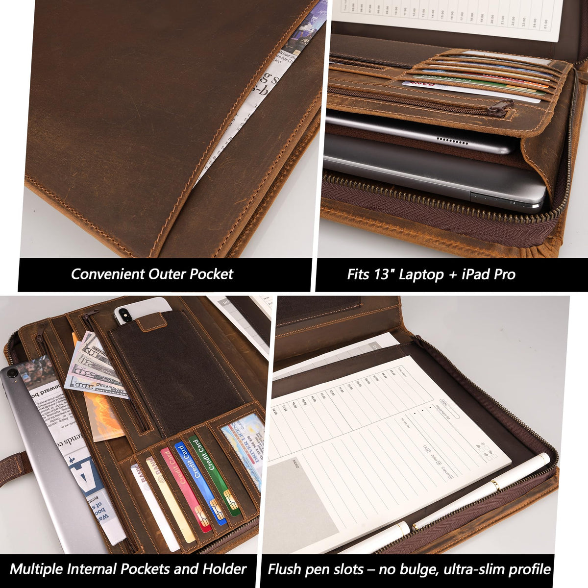 Full Grain Leather Portfolio with Zipper, Professional Business Organizer for Men Women, Executive Resume Folder with A4 Notepad Holder, Card Slots, Pen Loop, 10x13'', Luxury Gift Set