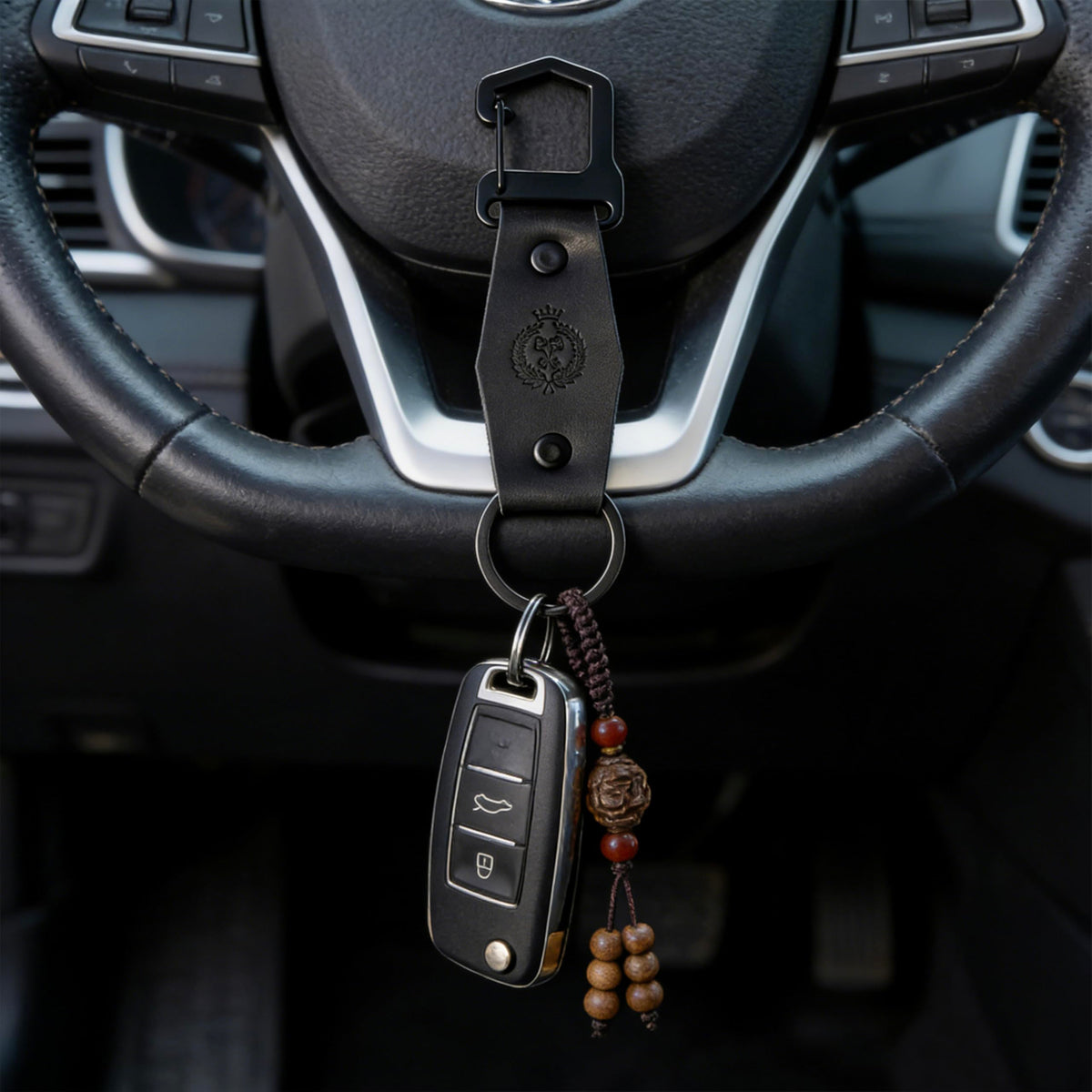 PALEVAN Genuine Leather Keychain Handmade Car Keychain Leather Key Chain Solid Metal Key Keeper Belt Loop Key Ring Holder (Black-Style2)