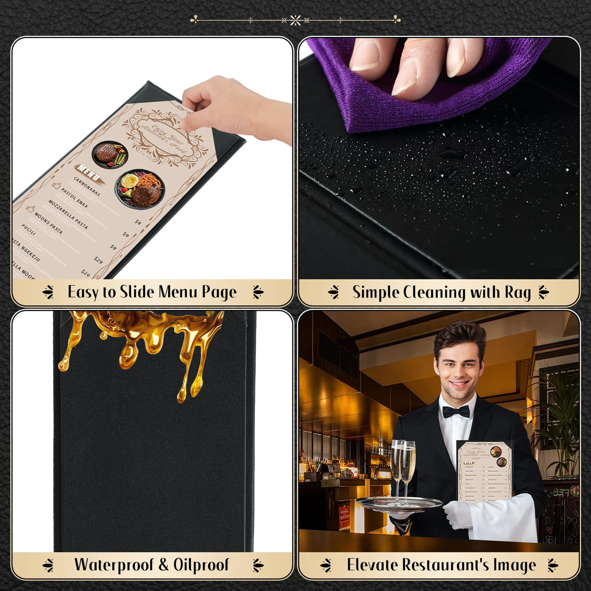FLKQC 15 Pack Restaurant Menu Covers Holders 4.25" X 11", Single View Synthetic Leather Menu Holder Covers Book Style with Angled Corners Black for Wine List, Morning Menu, Wine Menu (15, 1 Page)