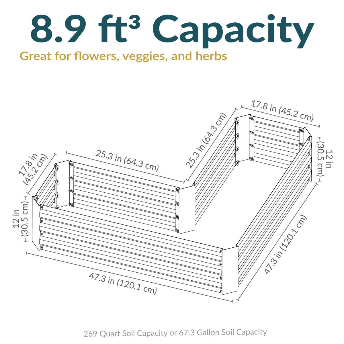 Sunnydaze Galvanized Raised Garden Bed - Outdoor Planter Box for Backyard or Patio - Steel Metal Raised Bed for Gardening Vegetables, Flowers, Herbs - 47 x 47 x 12 in - Silver - L-Shaped