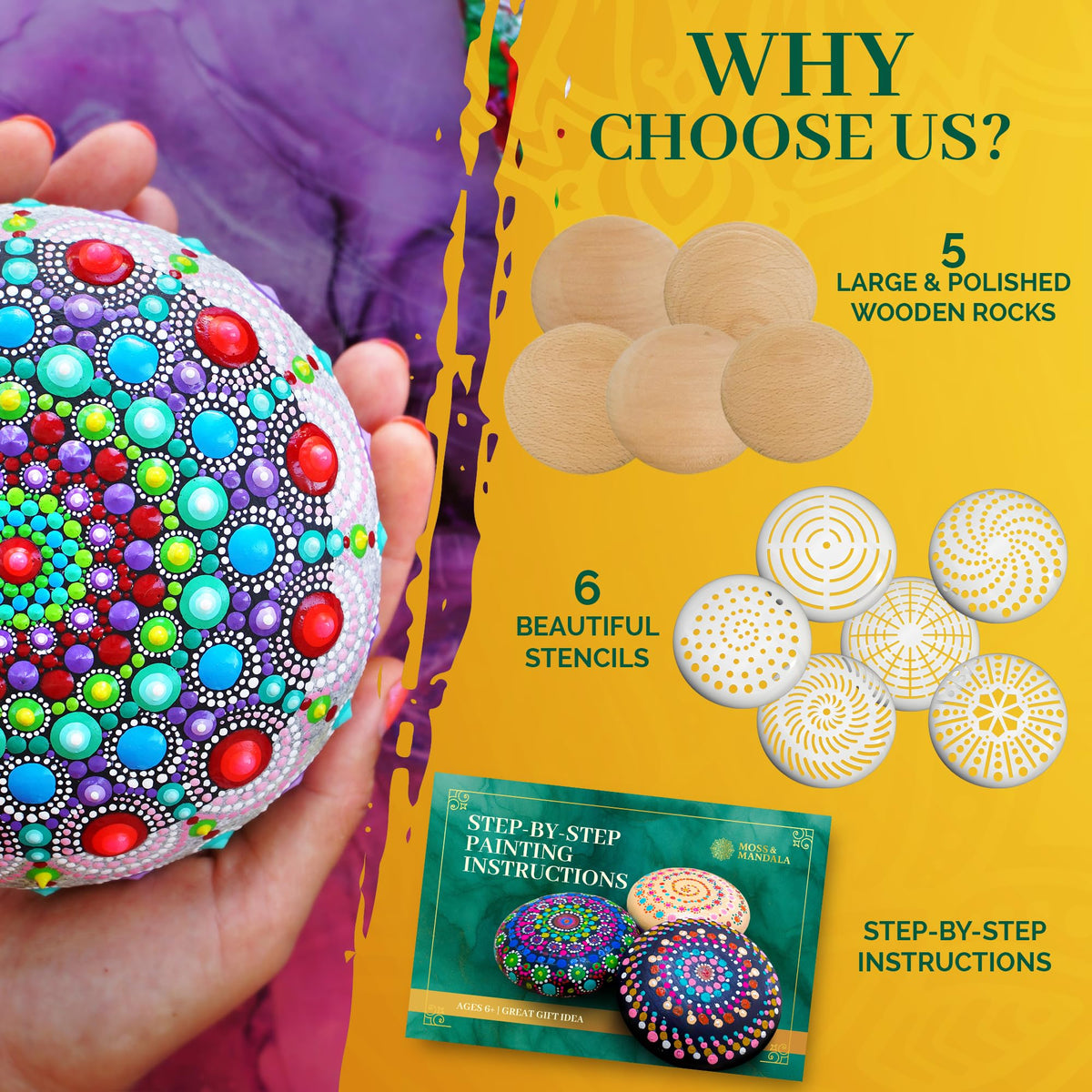 Mandala Rock Painting Kit – Mandala Dotting Tools Set - 5 Large Wooden Rocks + 6 Stencils + Acrylic Paints - Relaxing Arts and Crafts for Adults Women - DIY Hobbies Art and Projects Dot Art Kit