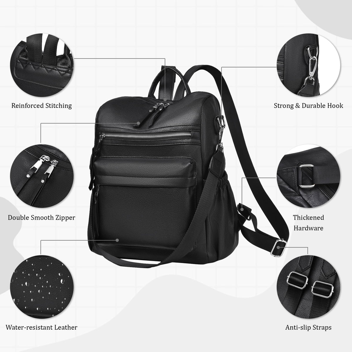 Dora & Liz Womens Backpack Purse Leather Backpack Purse for Women Travel Fashion Backpack Designer Ladies Shoulder Bags (Black Leather)