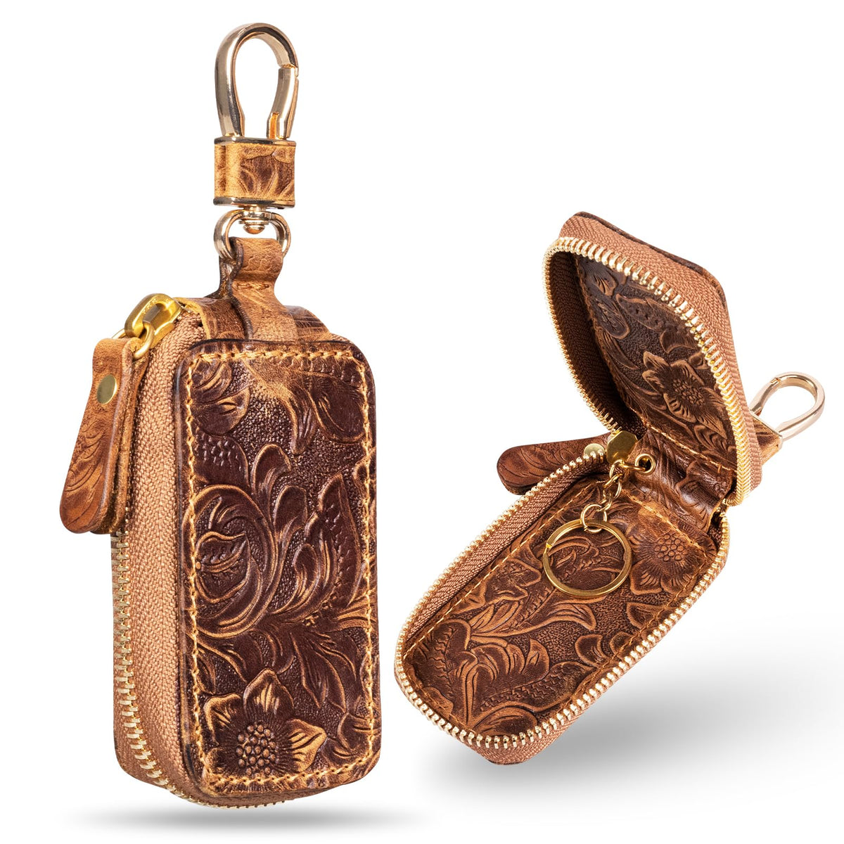 Gexmil Genuine Leather Zipper Car Key Case, Full Grain Leather, Pure Brass Hardware, Hand-Made Universal Car Key Holder, Mini Coin Bag for Women Men,Floral Brown