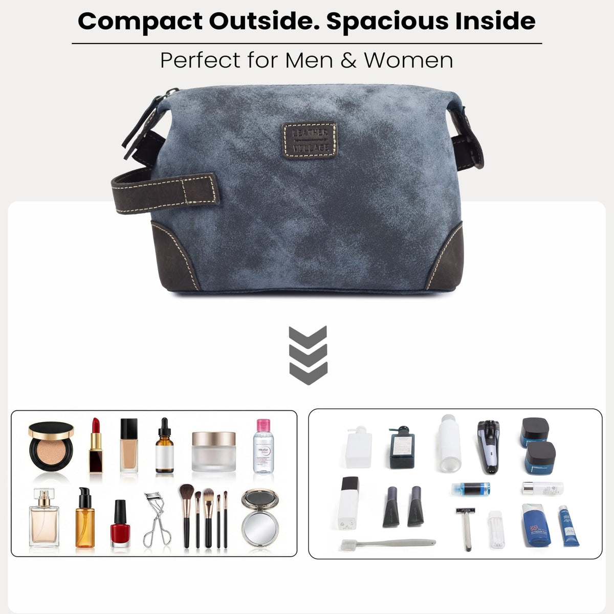 LEATHER VILLAGE Genuine Leather Dopp Kit for Men & Women with Waterproof Lining – Distressed Travel Toiletry Bag, Shaving & Bathroom Essentials Organizer - Distressed Blue