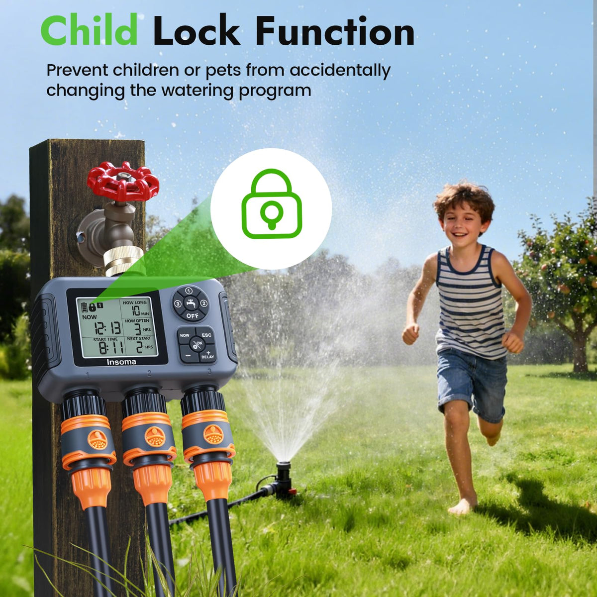 Insoma Water Timer with Brass Inlet, 3 Independent Zones Outdoor Hose Timer for Garden Faucet with Auto/Manual/Rain Delay Mode, IPX5 Waterproof, Sprinkler Irrigation Controller for Yard Lawn