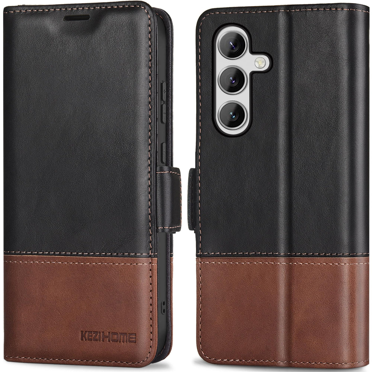KEZiHOME Case for Galaxy S24 5G, Genuine Leather [RFID Blocking] Wallet Case with Card Slots Kickstand Folio Flip Phone Cover Compatible with Galaxy S24 5G (2024) (Black/Brown)