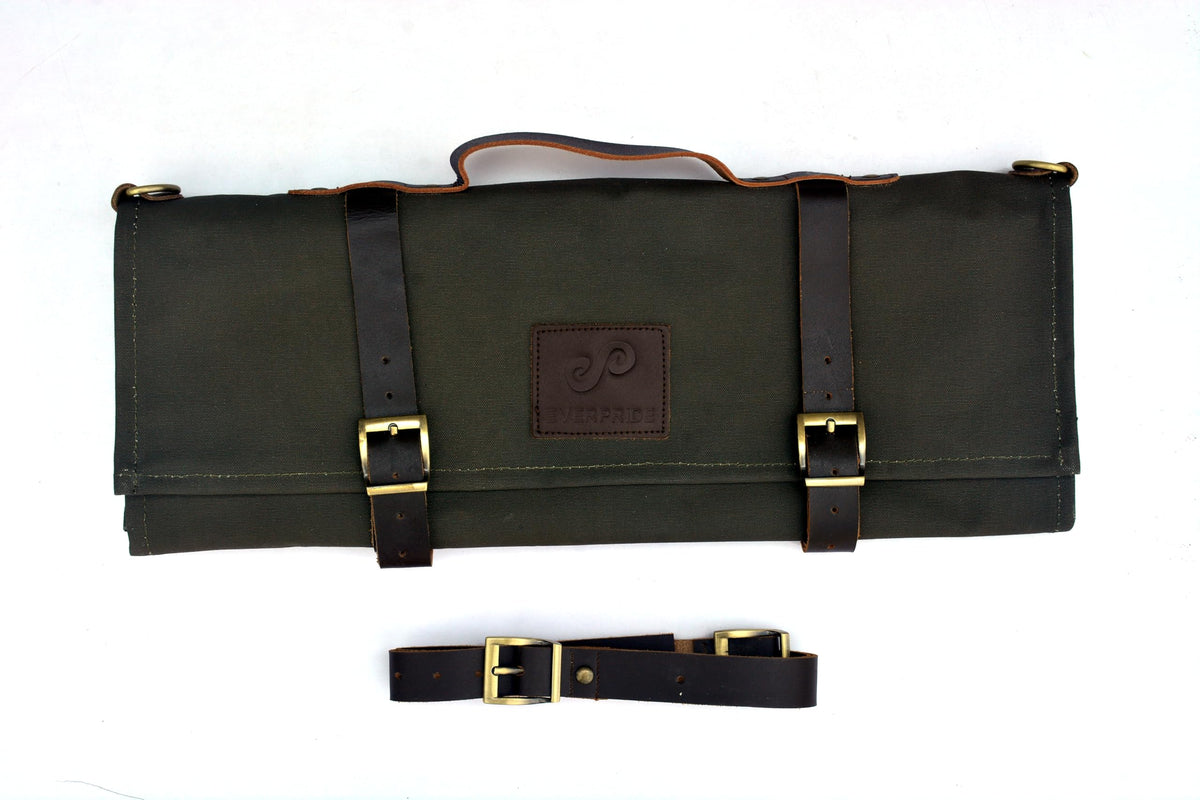 EVERPRIDE Stunning Waxed Canvas Roll Bag in Rich Dark Green w Genuine Leather Trim. Handsome Professional Chef Knife Roll Bag with upto 14" Knives and Storage Compartments A Super Gift