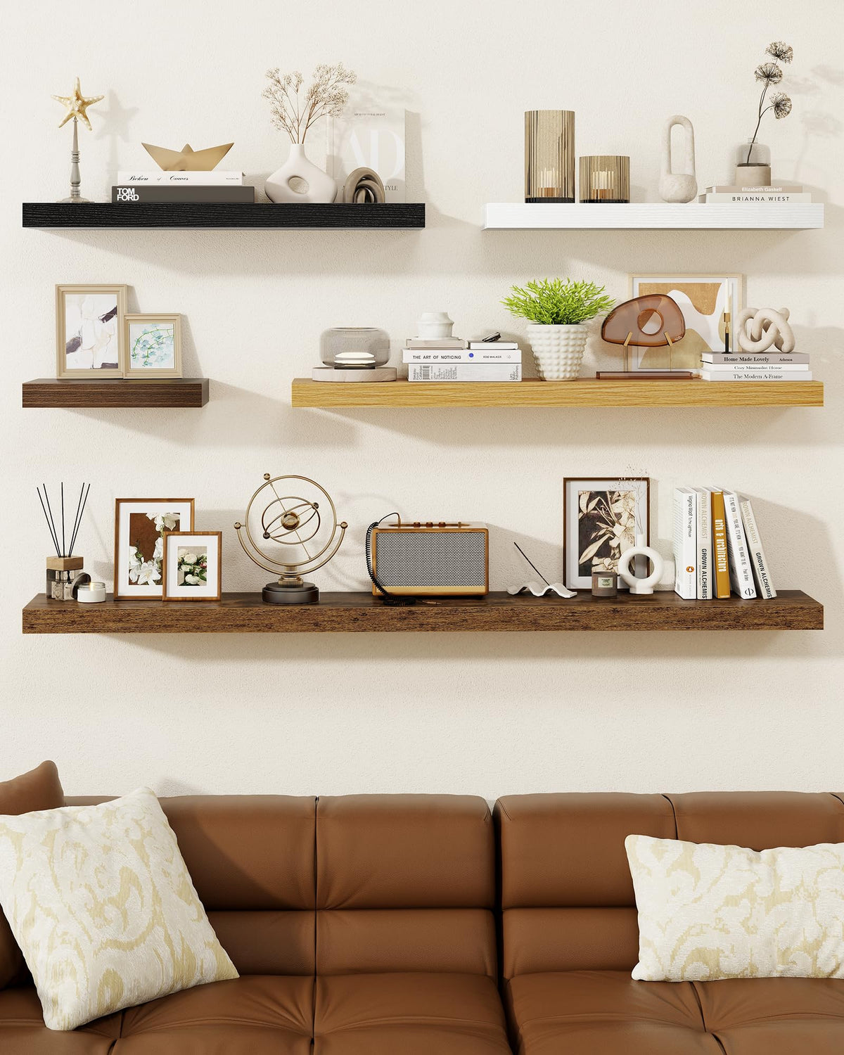 Marsmiles 72" Floating Shelves for Wall, Wooden Shelves with Invisible Brackets Set of 2, Rustic Farmhouse Wall Mounted Shelf for Kitchen Bathroom Living Room Study, Rustic Brown