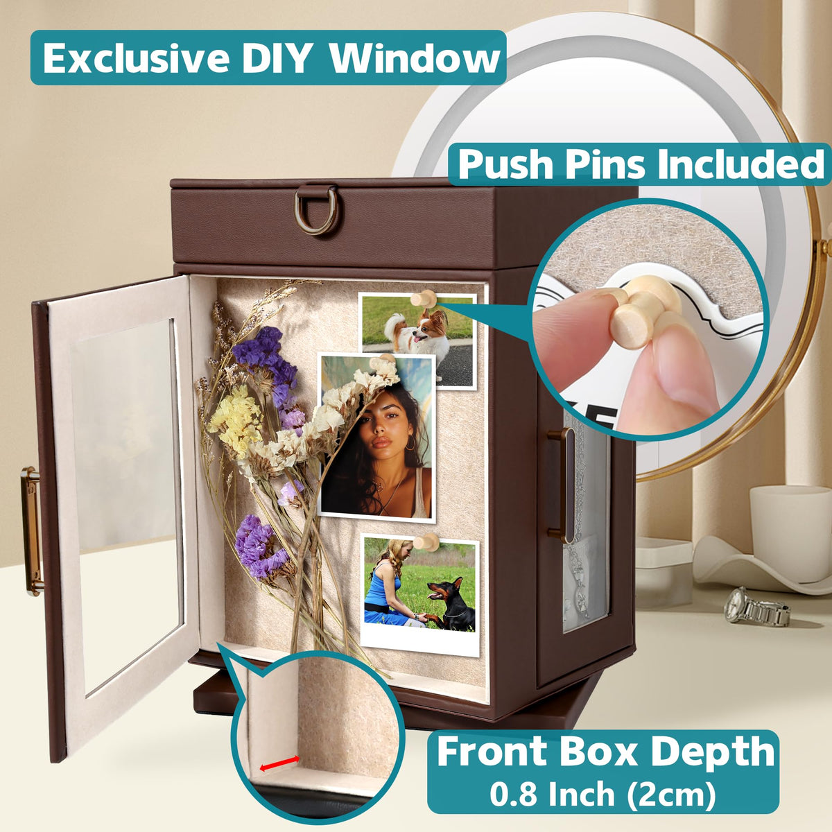 Kendal 360° Rotating Jewelry Box - Brown PU Leather Jewelry Organizer with Shadow Box & Pinboard, Detachable Top Tray, Drawers & Push Pins for Personalized Accessory Display & Storage