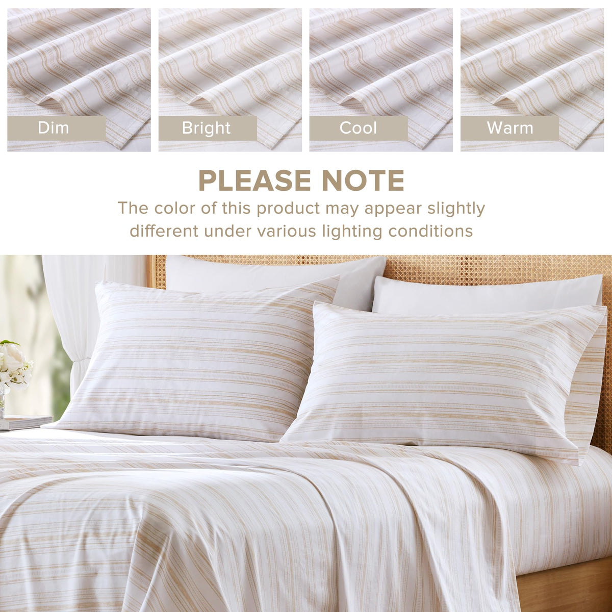 Comfort Spaces 100% Cotton Sheets Full, Breathable, Naturally Cool Cotton Sheets, Cotton Bed Sheets with 14" Elastic Pocket Fits up to 16" Mattress, All Seasons Sheet Set, Good Vibes Taupe 4 Piece