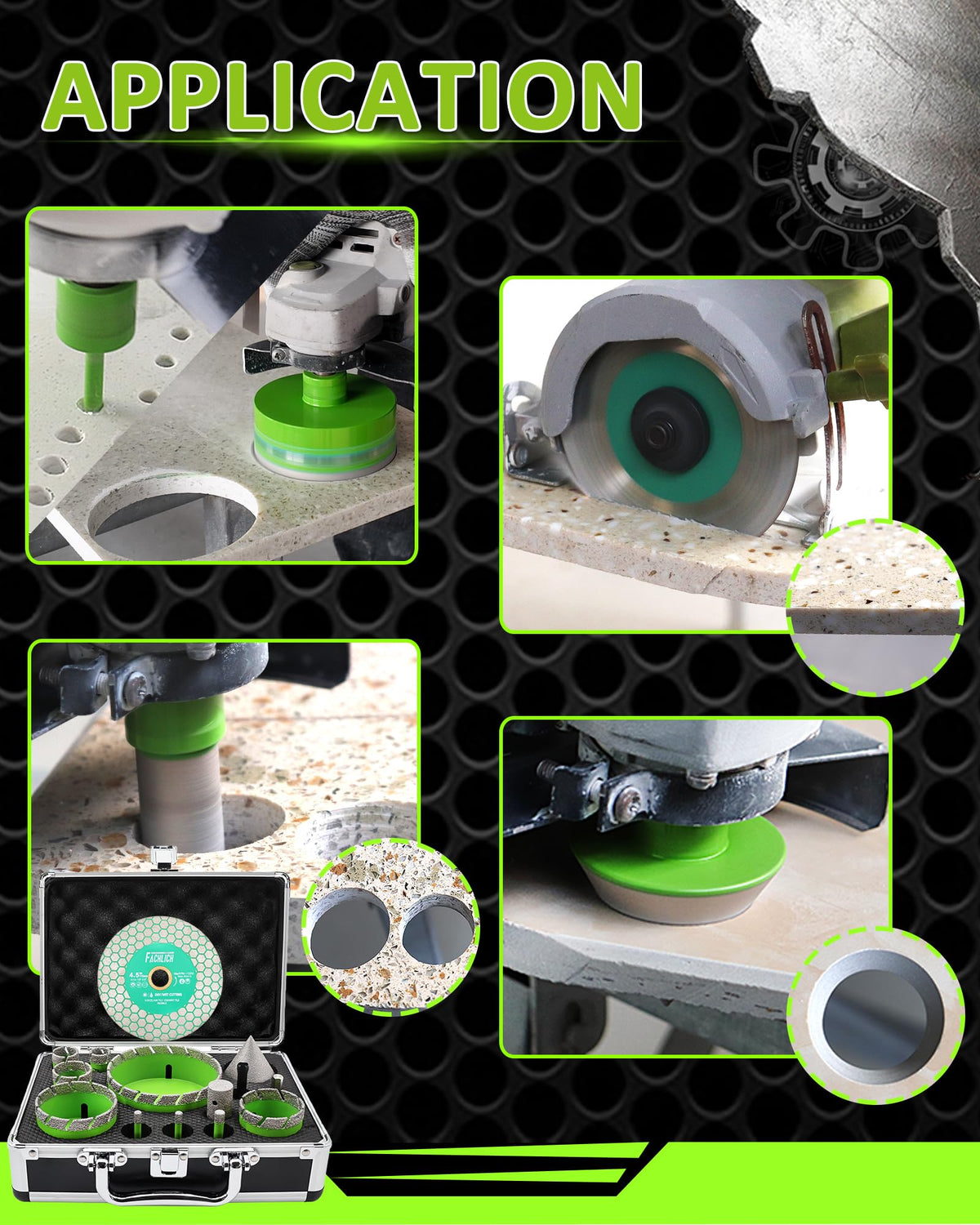 FACHLICH Tile Hole Saw Kit - 14pcs Diamond Hole Saw (6/6/8/20/25/35/50/65/100mm) with Finger Bit and Chamfer Bit, Tile Drill Bits for Porcelain Ceramic Marble Brick Granite,5/8"-11 Thread